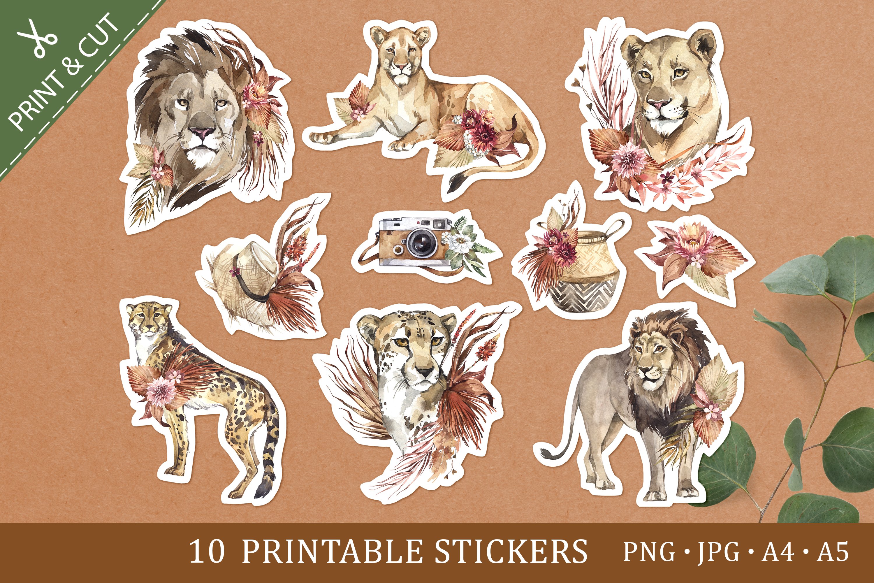 10 Stickers Safary Cats|Printable cutting Animals DIY PNG