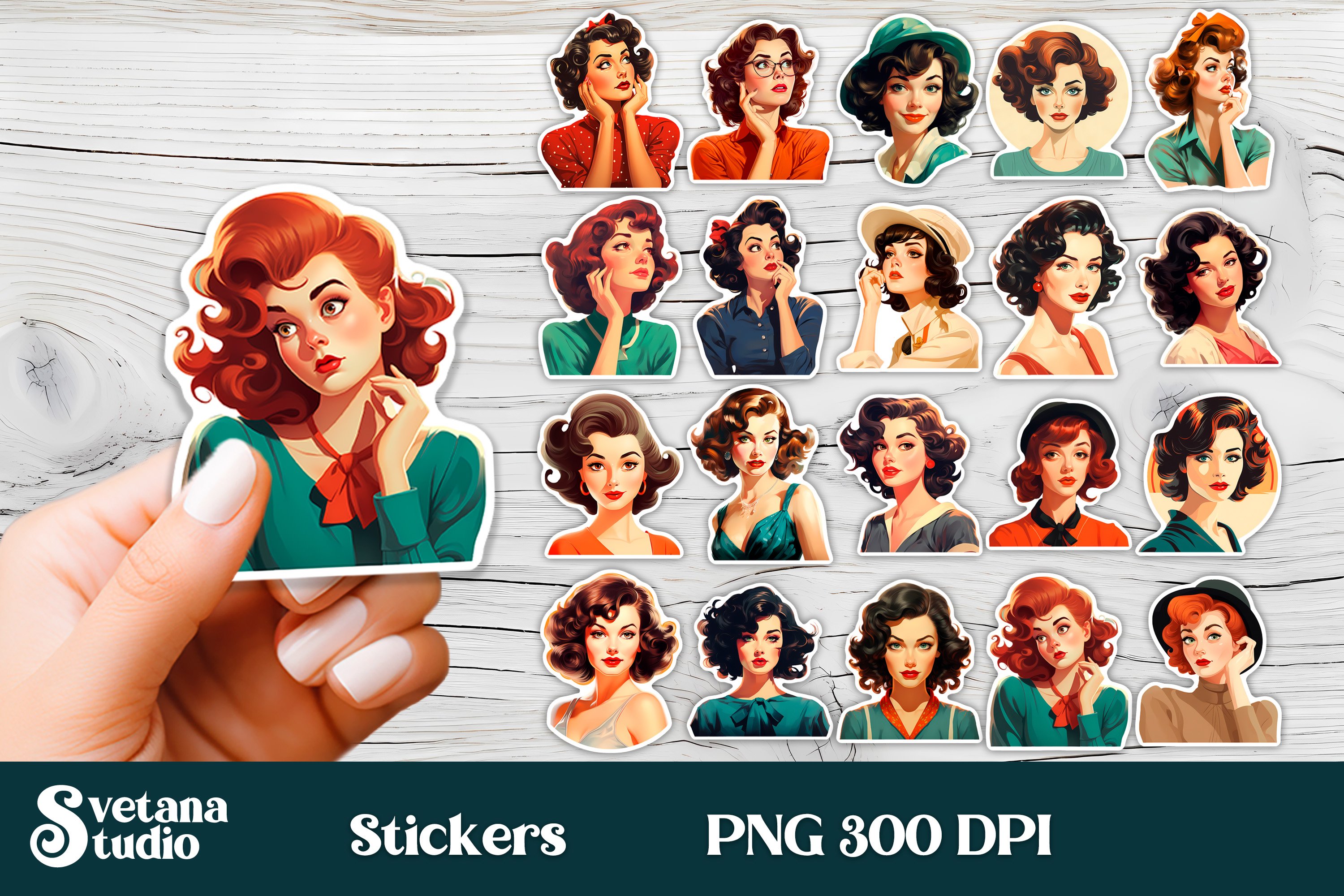 Retro stickers PNG bundle | Retro woman sticker printable