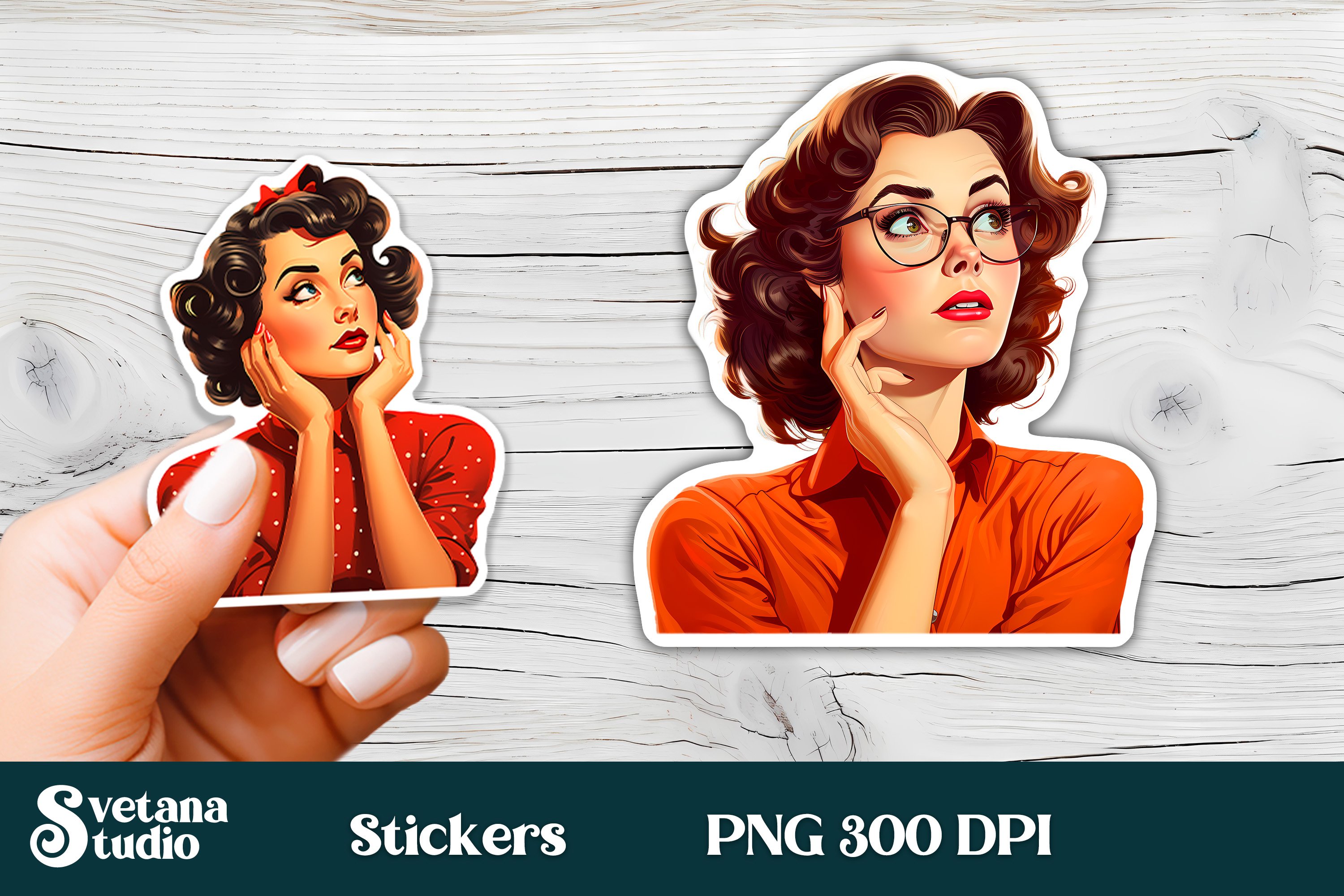 Retro stickers PNG bundle | Retro woman sticker printable 2