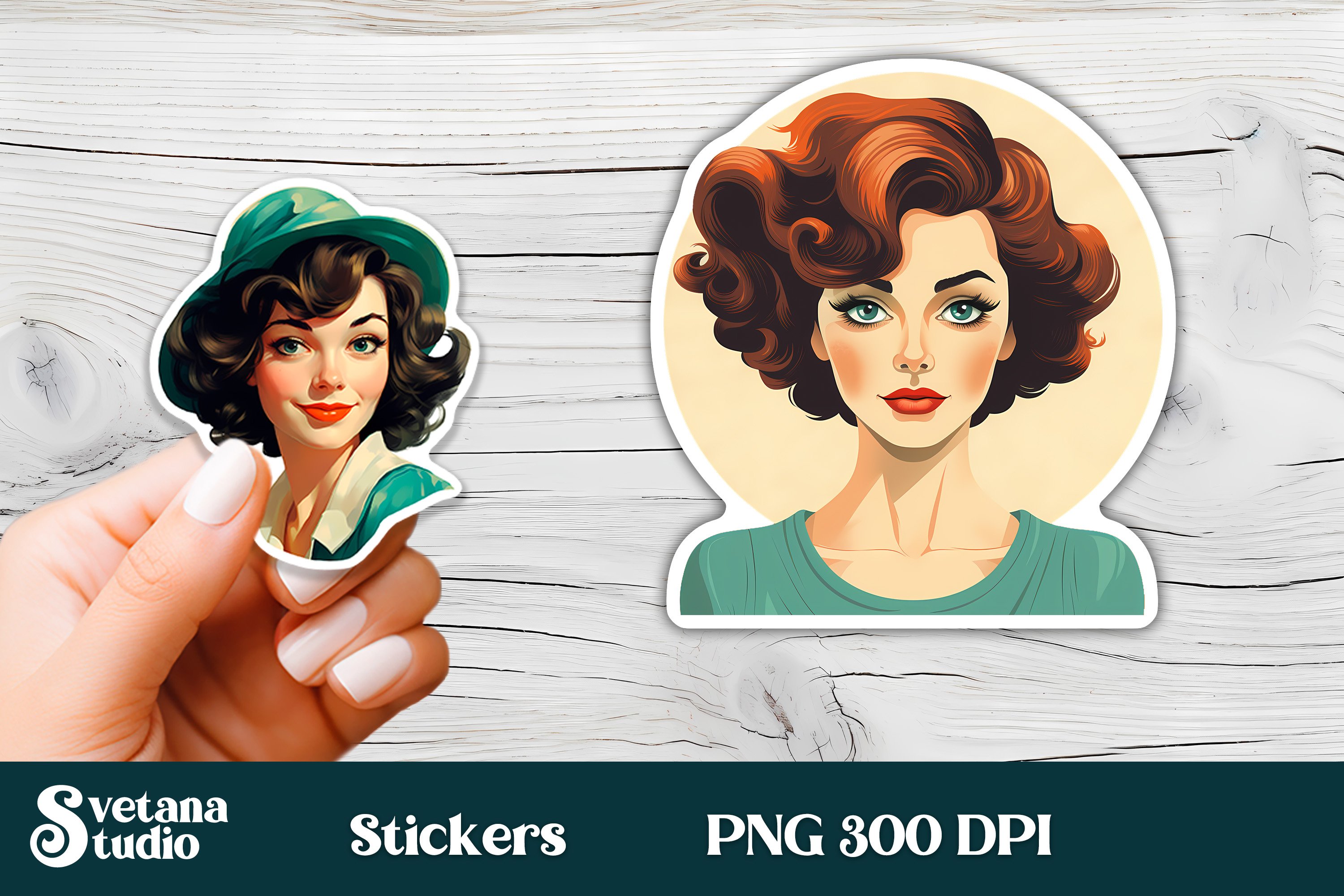 Retro stickers PNG bundle | Retro woman sticker printable 3
