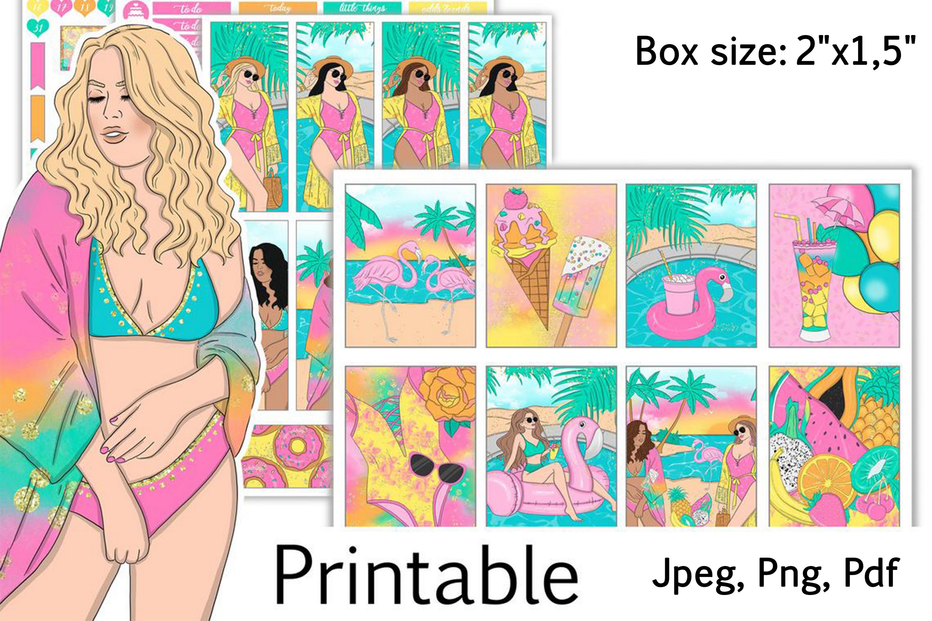 Summer Travel Weekly Printable Stickers Box Size 2"x1,5"