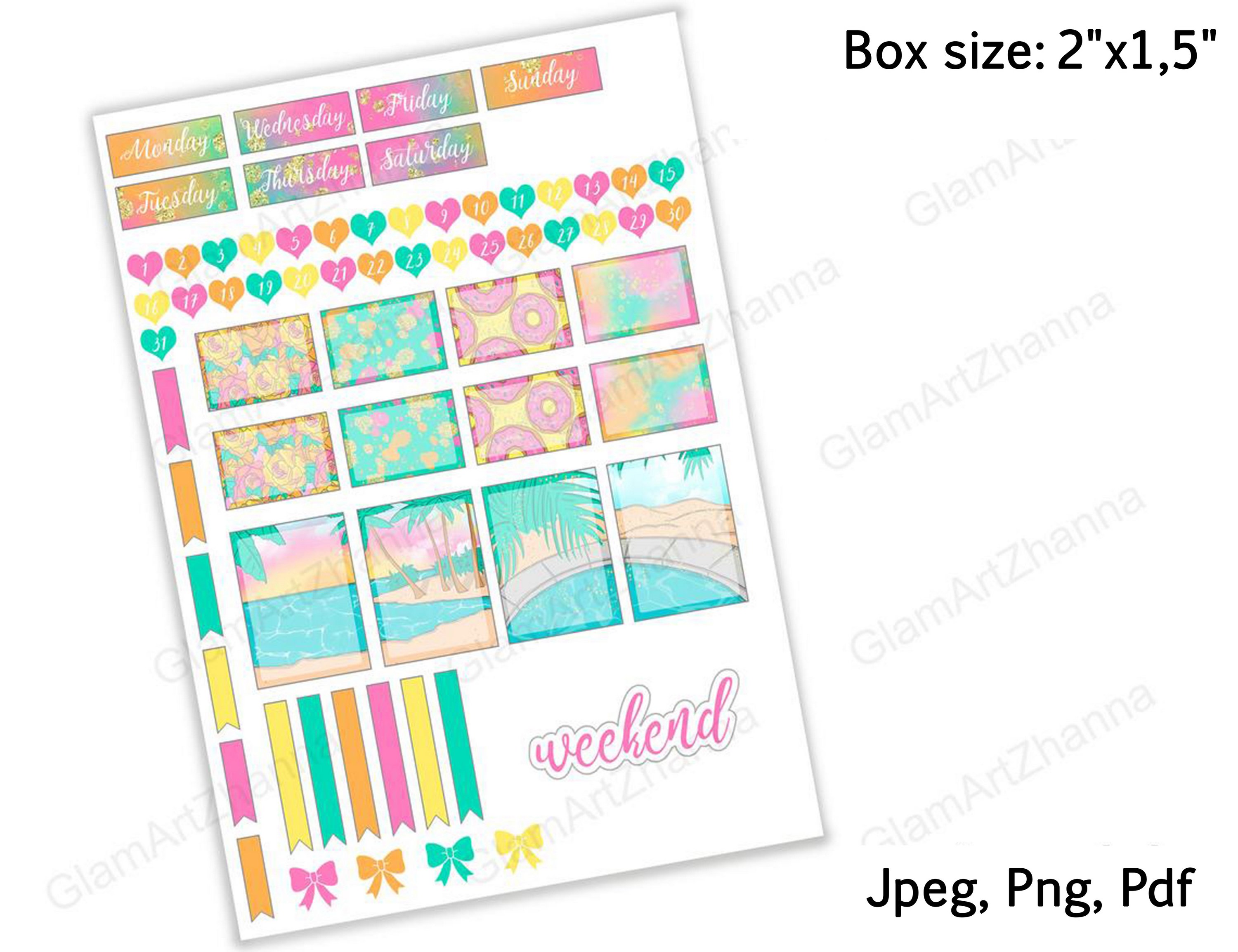 Summer Travel Weekly Printable Stickers Box Size 2"x1,5" 3