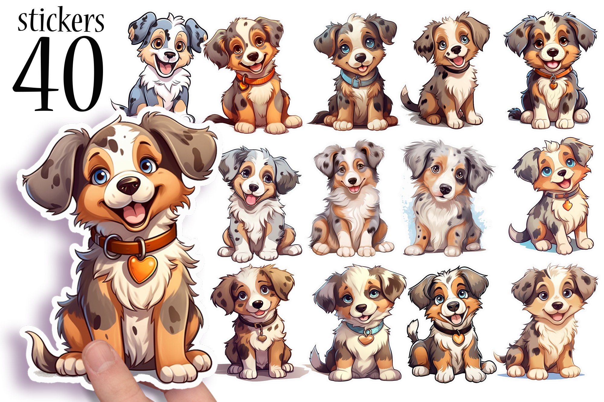Australian Shepherd Printable Stickers: 40 Cute Dogs Die Cut