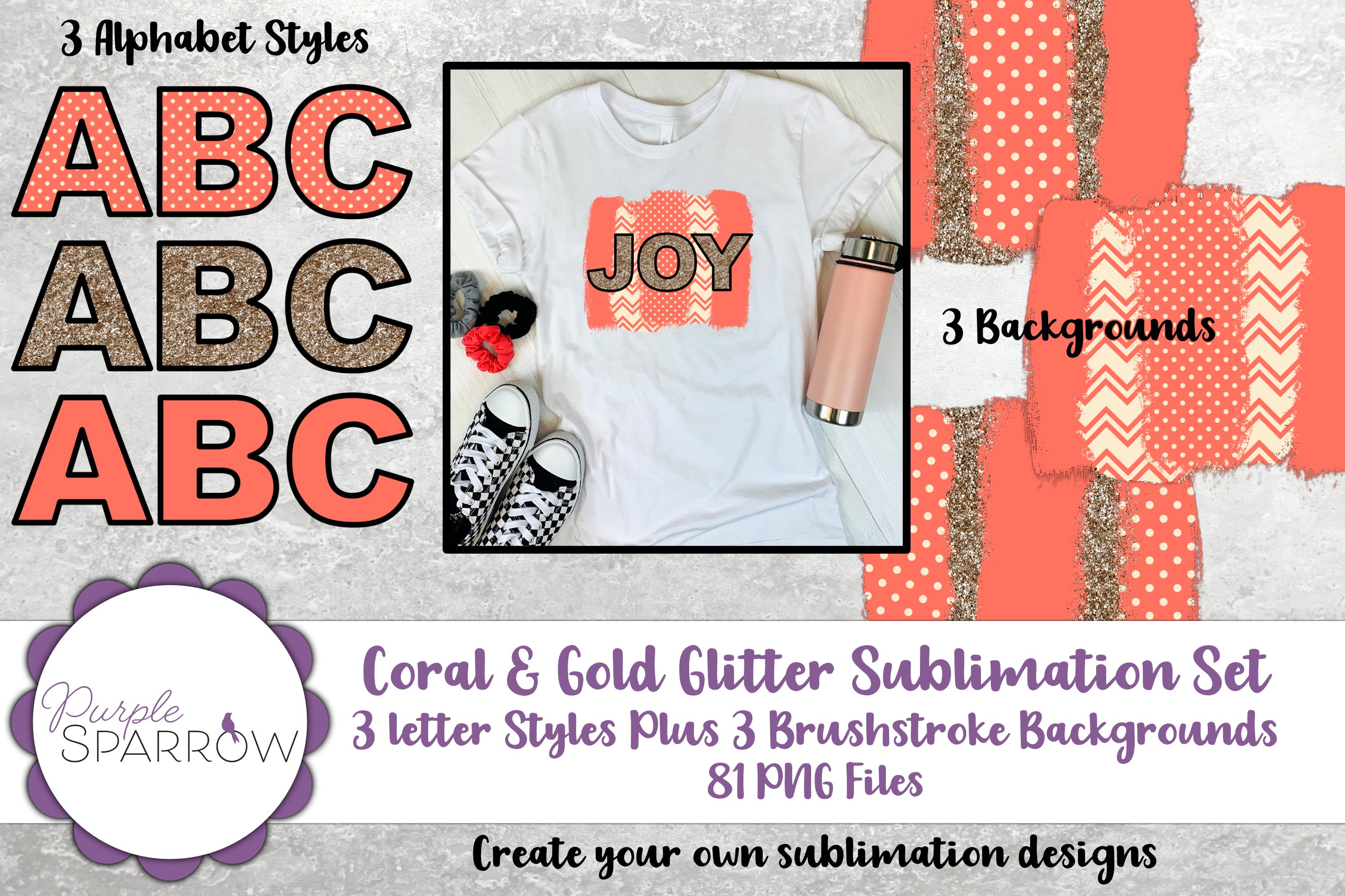 Coral, Cream, Gold Glitter Sublimation Set