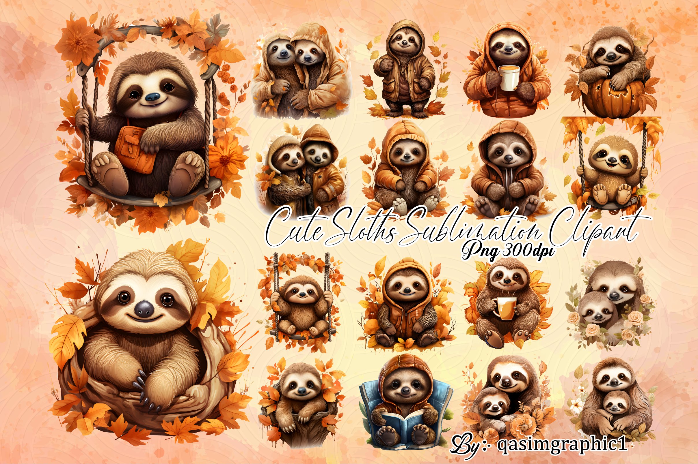 Cute Sloth Sublimation Clipart Bundle