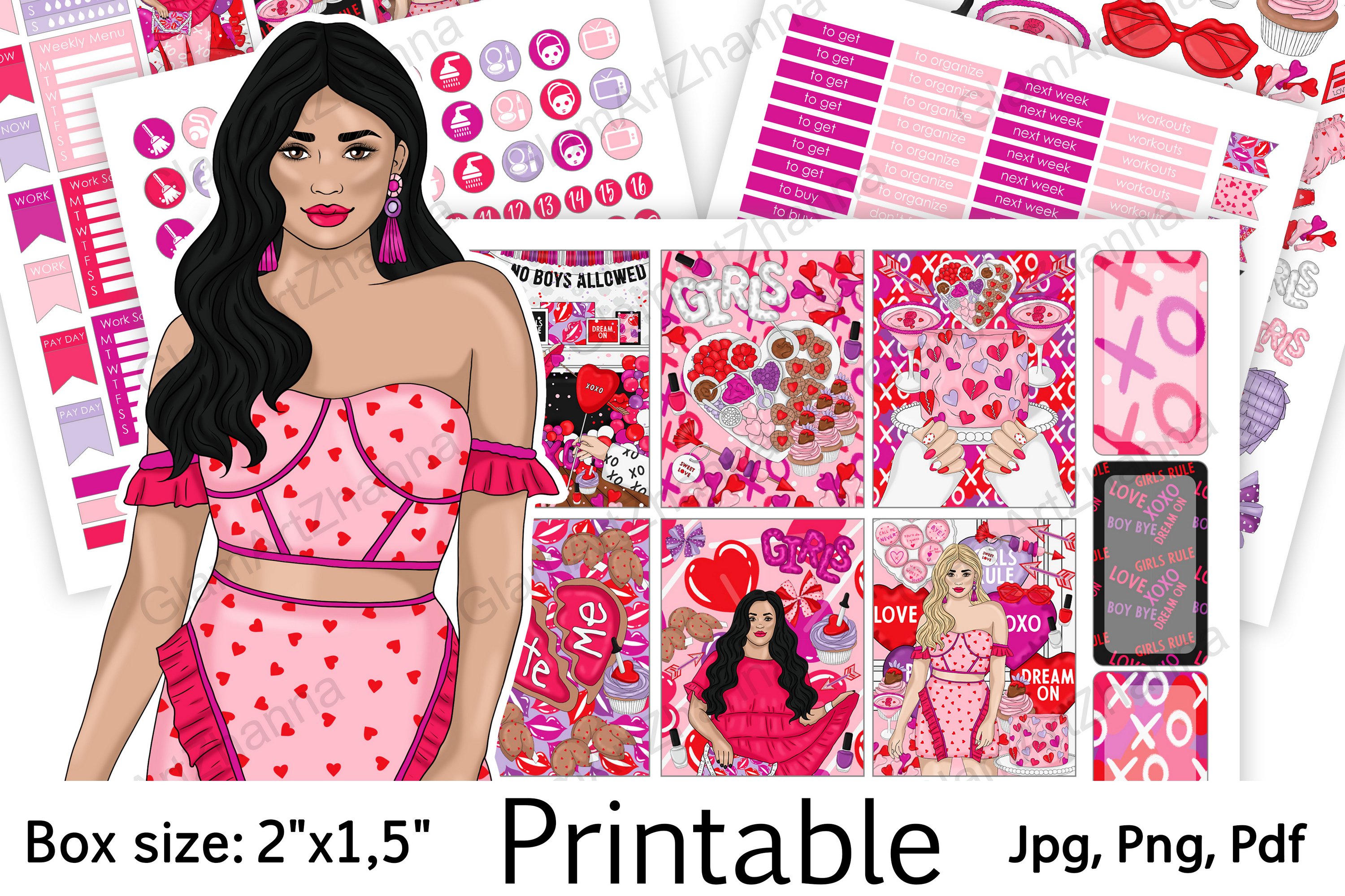 Galentines Day Pink Red Printable Stickers Box Size 2"x1,5"