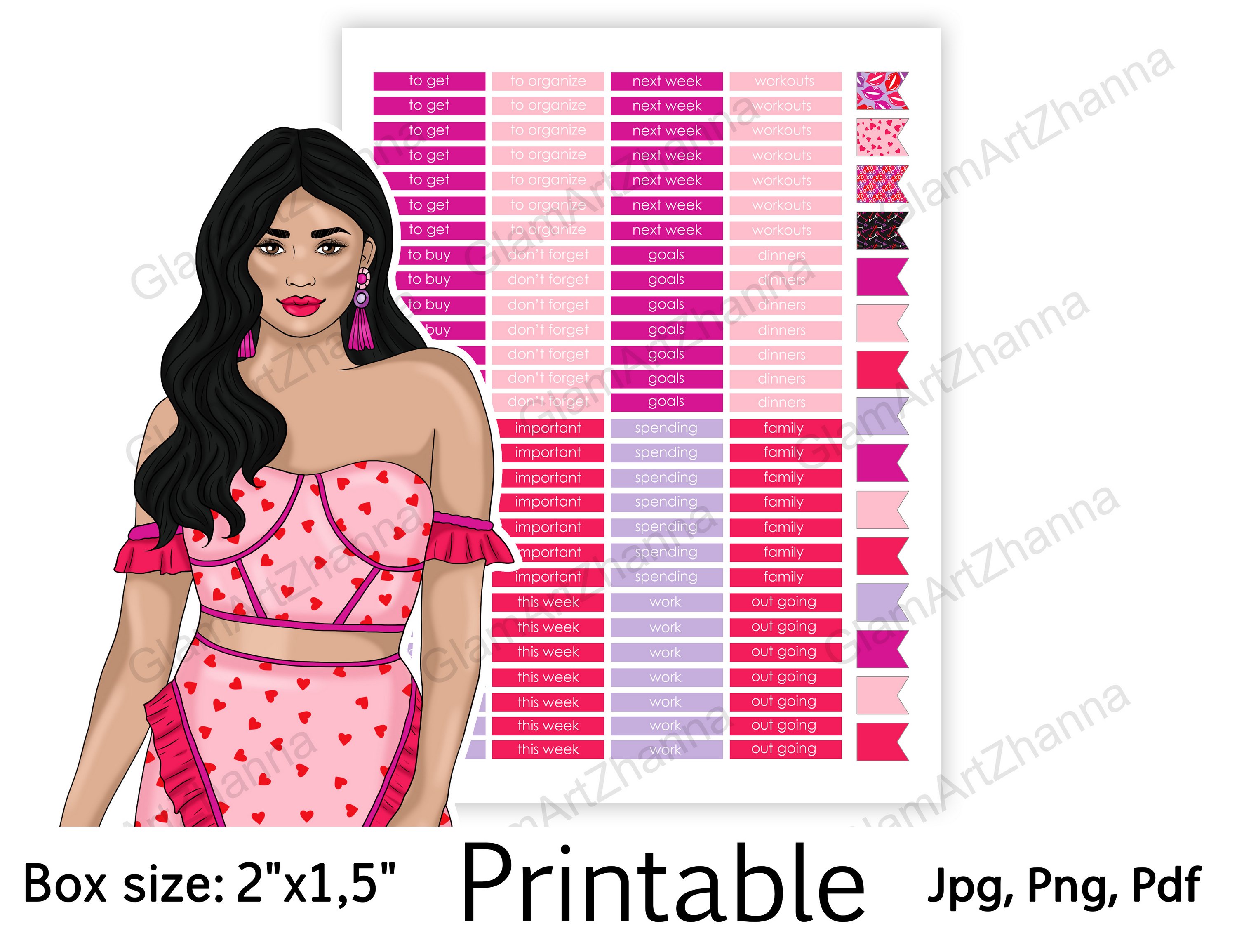 Galentines Day Pink Red Printable Stickers Box Size 2"x1,5" 2