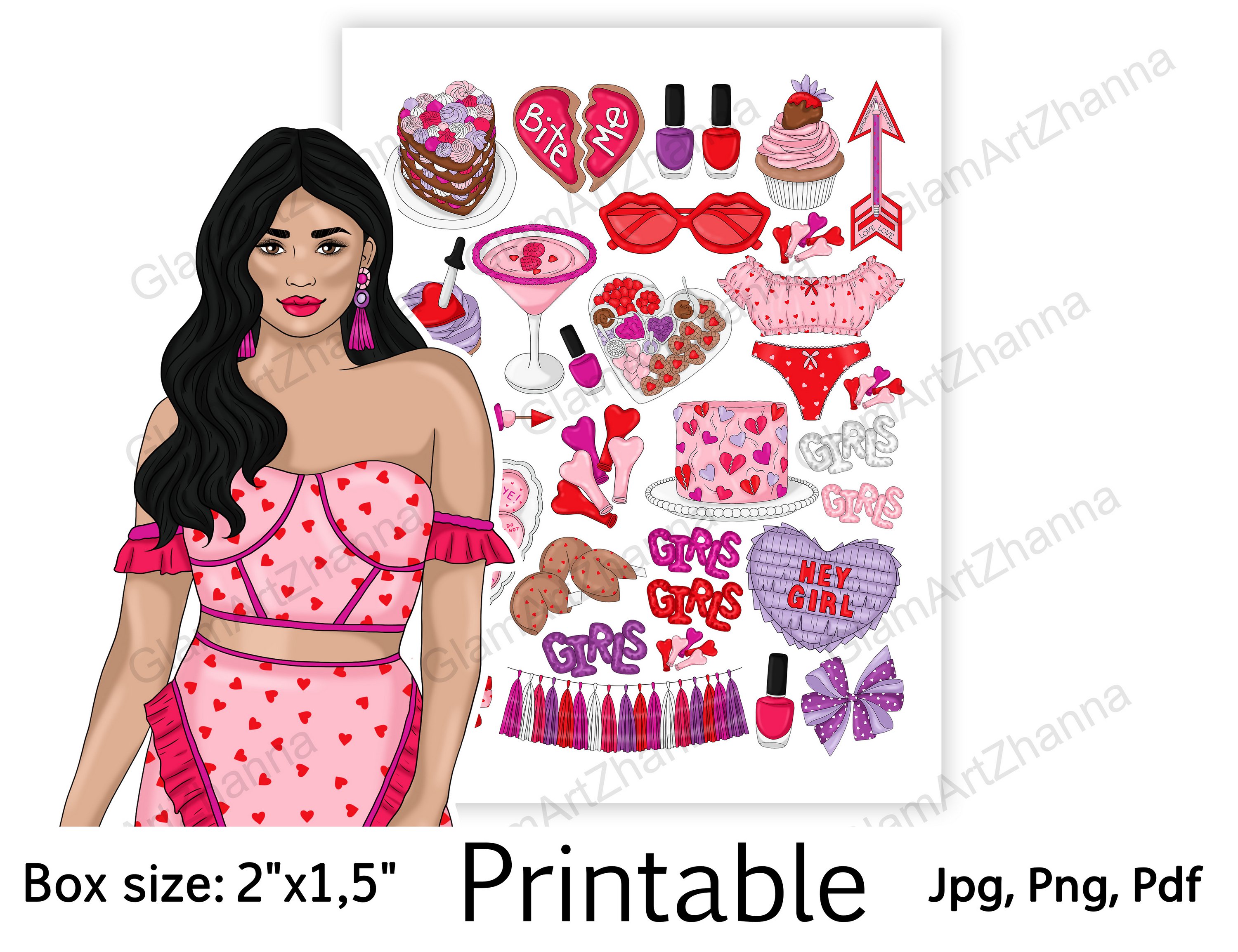 Galentines Day Pink Red Printable Stickers Box Size 2"x1,5" 3