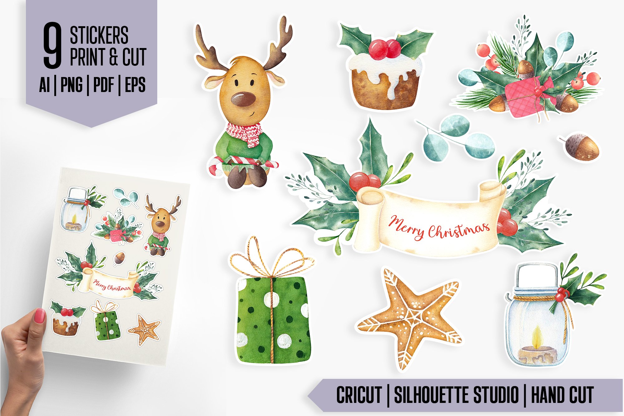 Watercolor Christmas Sticker Bundle Print and Cut