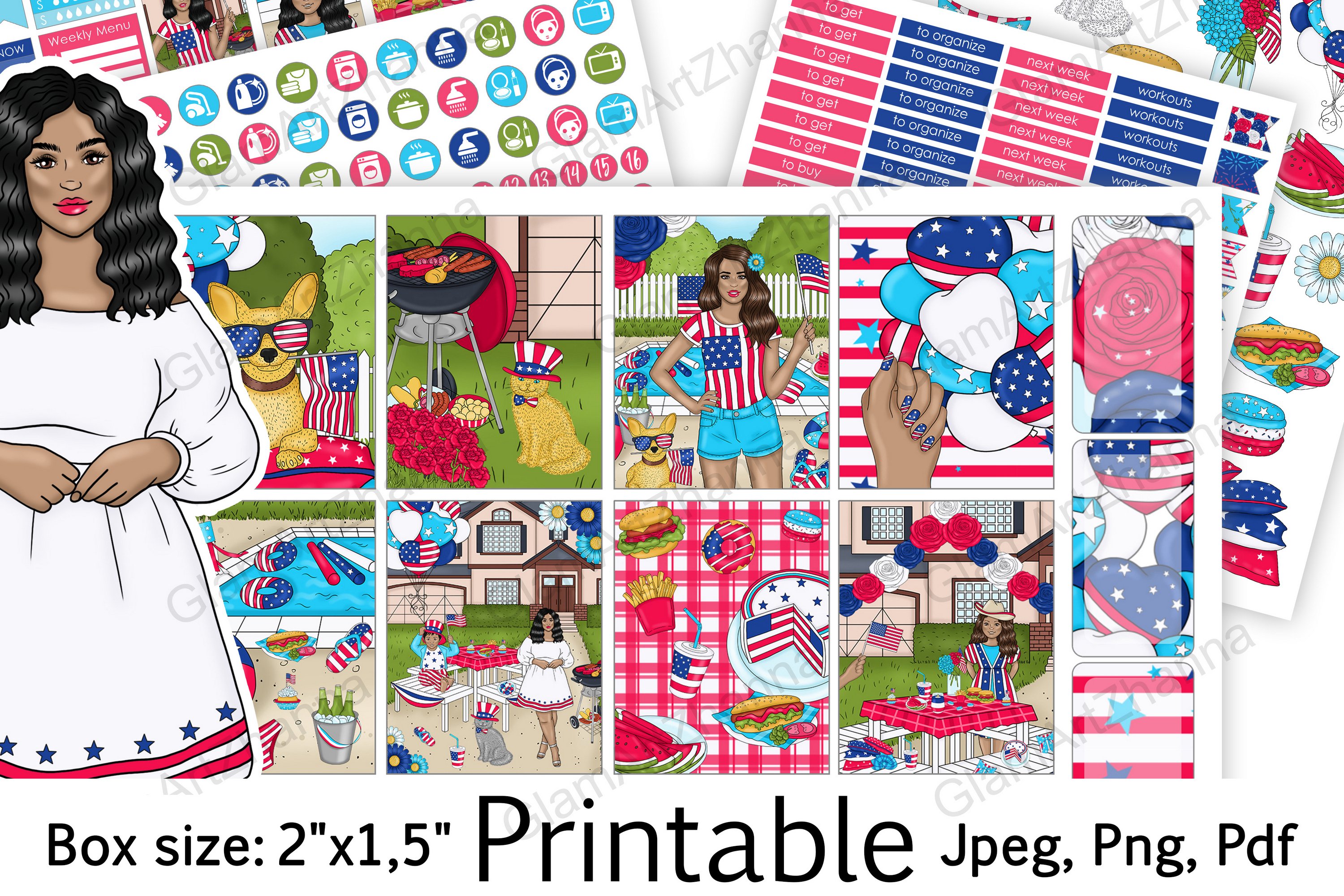 African American 4th of July Stickers Box Size 2"x1,5"
