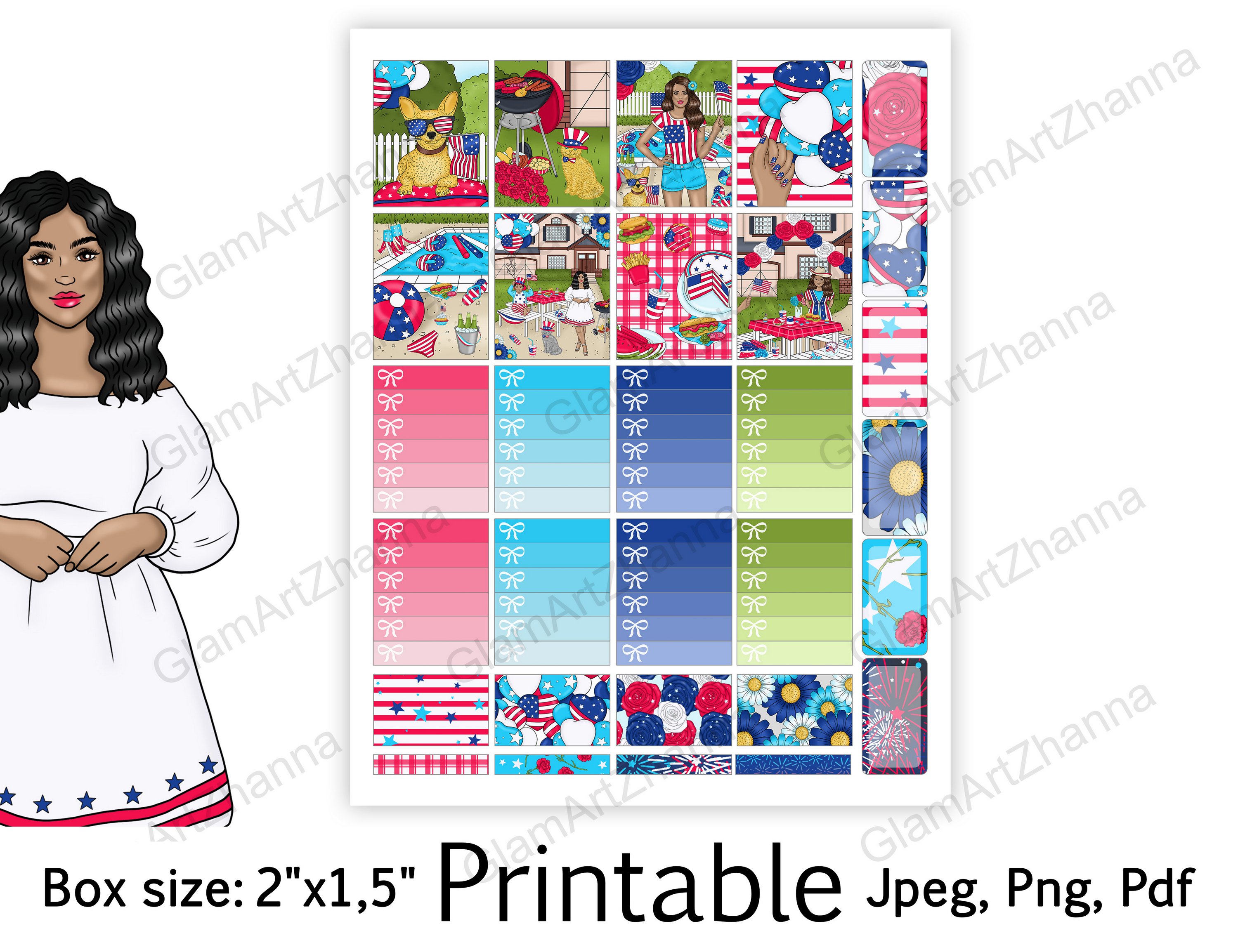 African American 4th of July Stickers Box Size 2"x1,5" 2