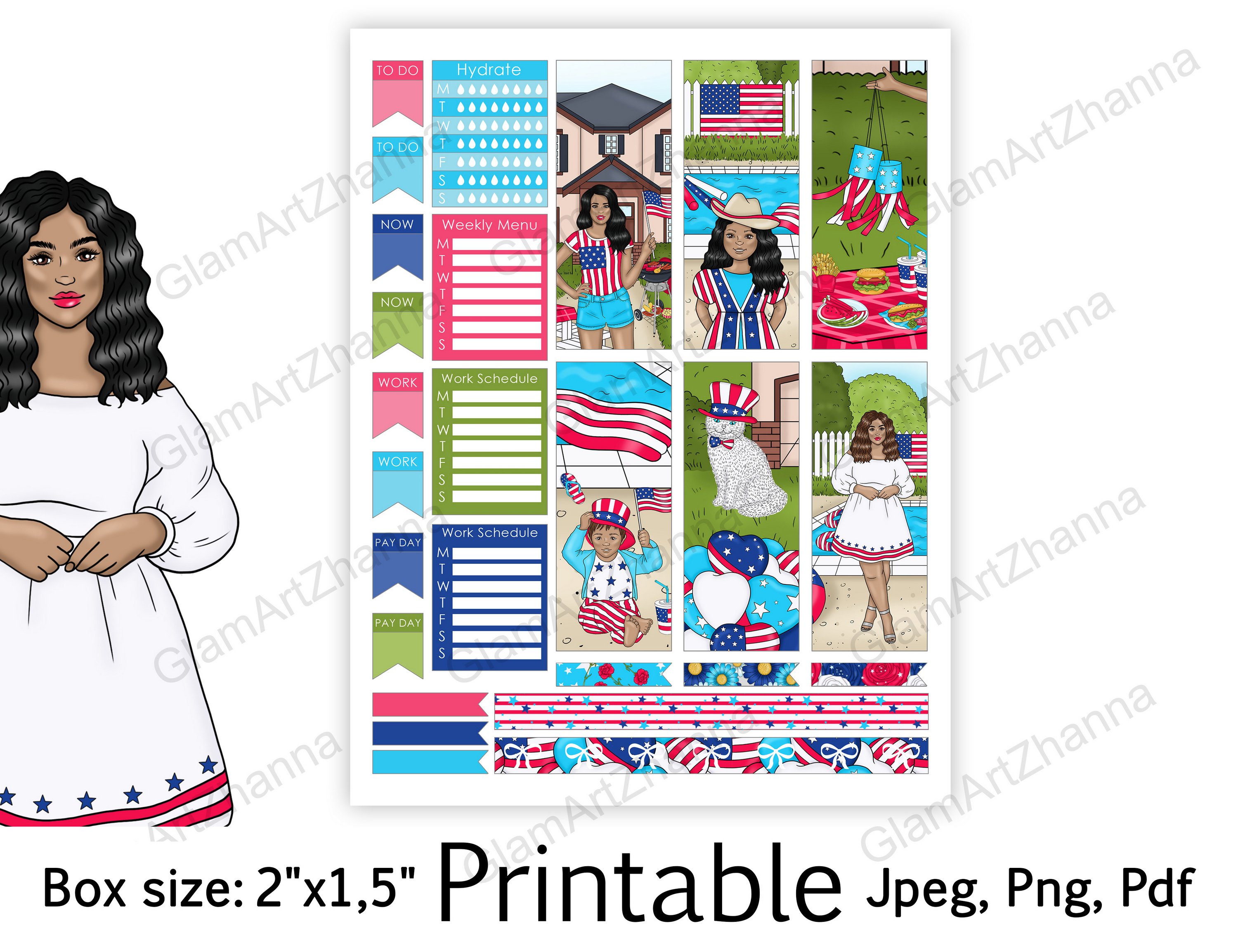 African American 4th of July Stickers Box Size 2"x1,5" 3