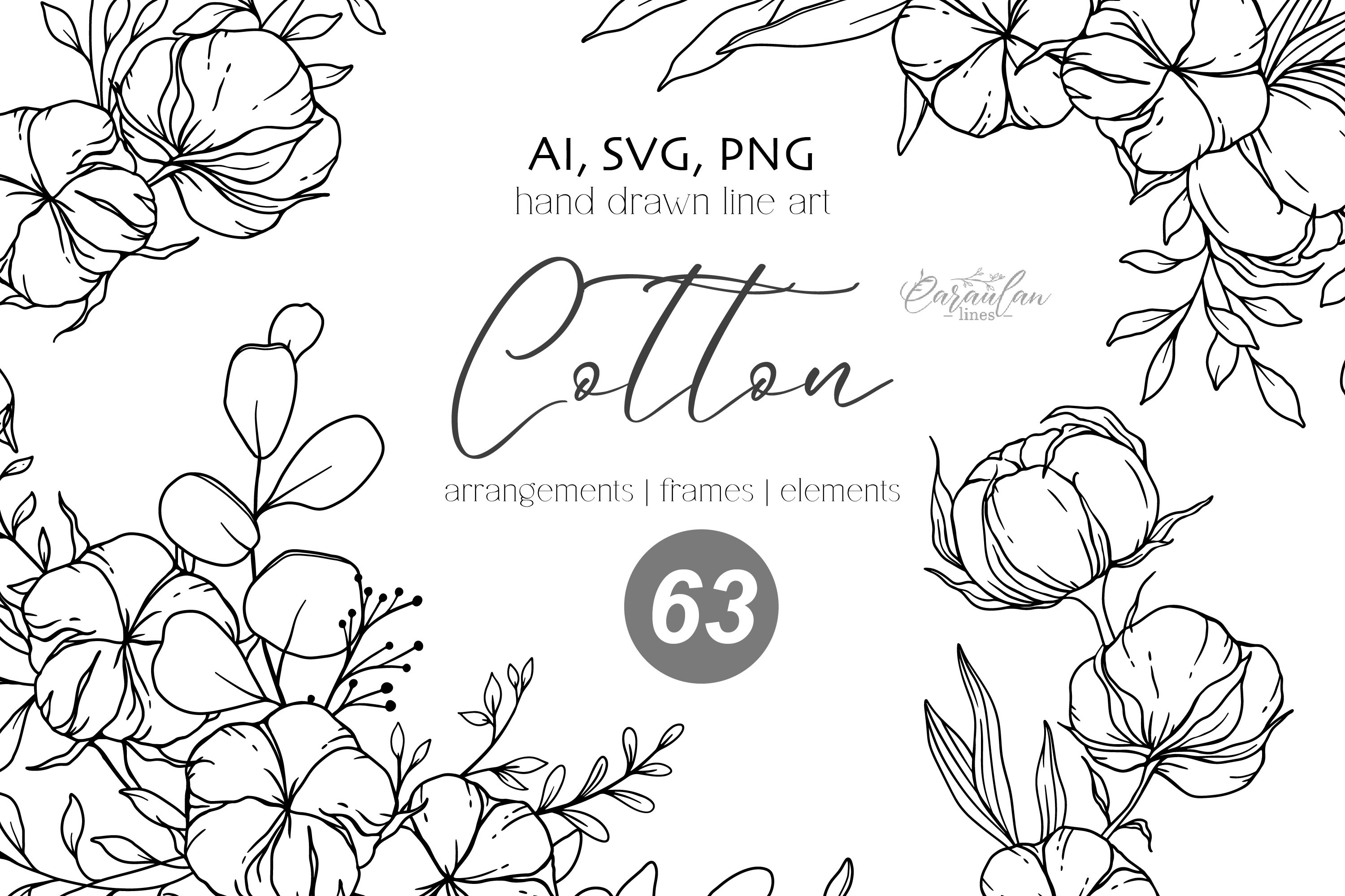 Cotton SVG, Floral Clipart SVG, Line Art Flowers Set