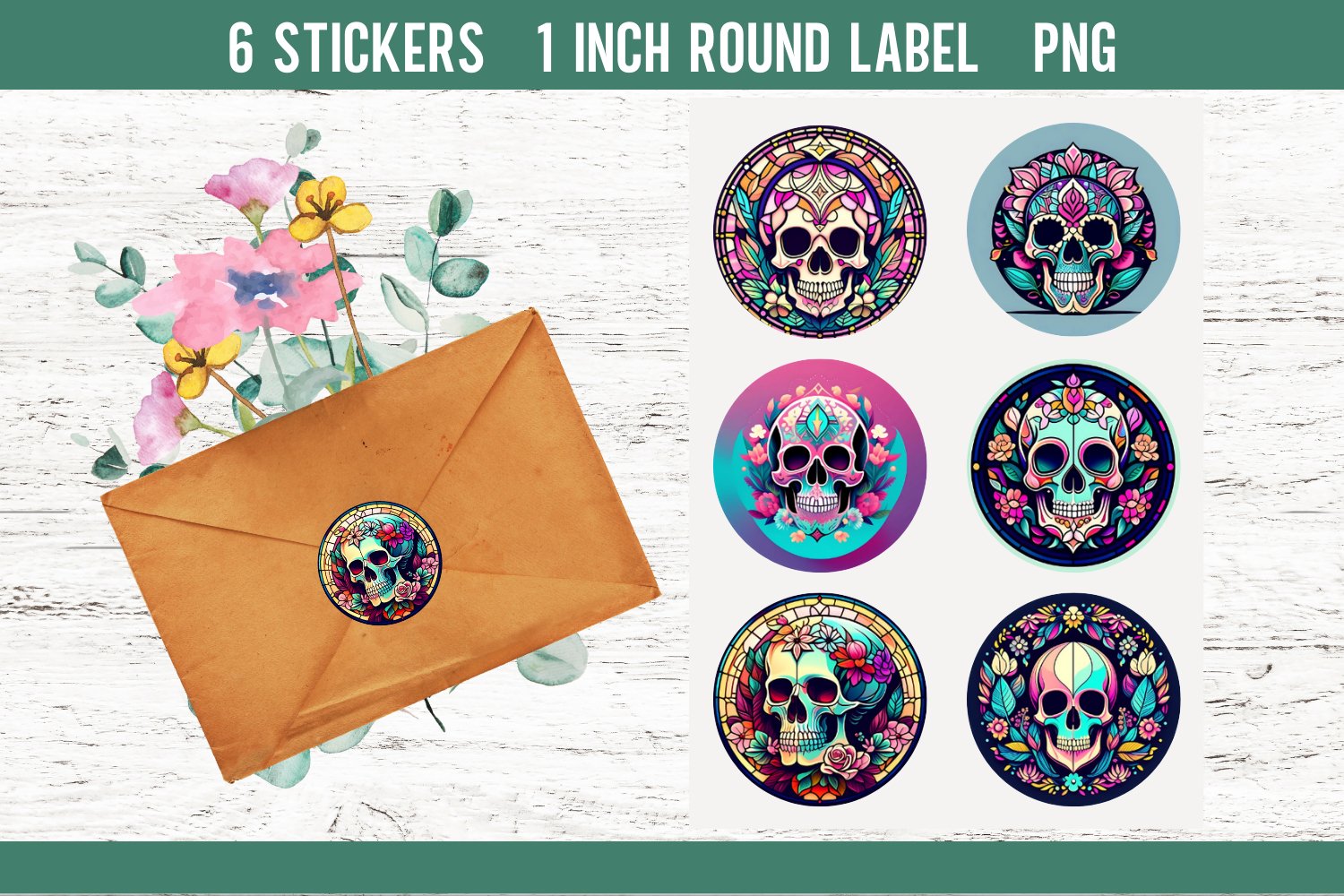 Skull Fower Stickers | Round Labels Design PNG