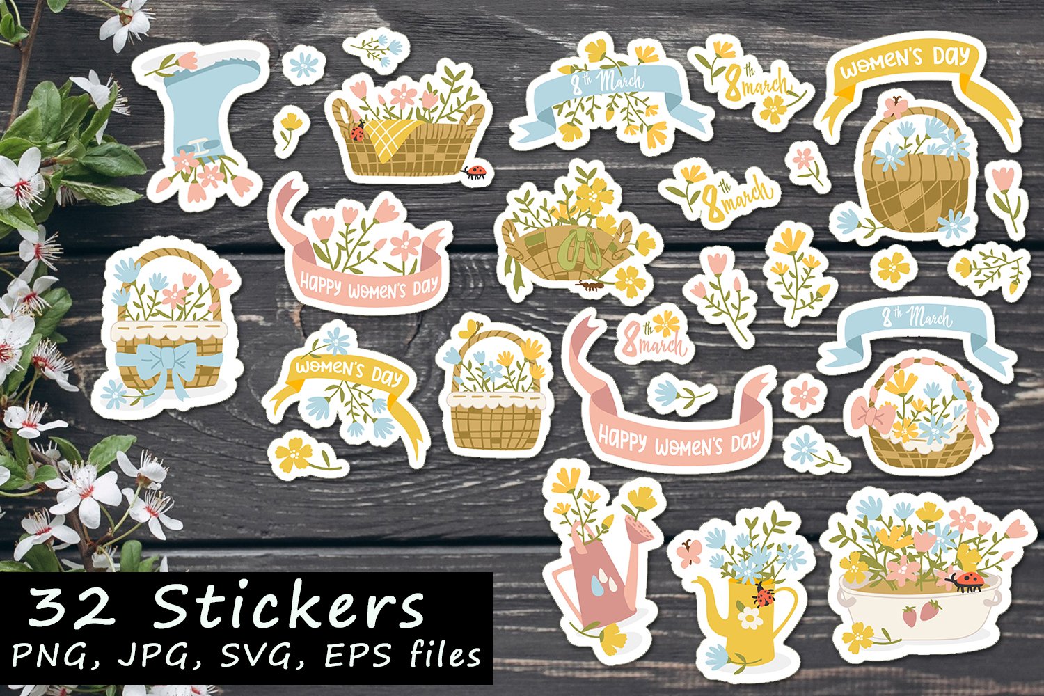 Set of stickers spring bouquets for March 8 in baskets, etc.
