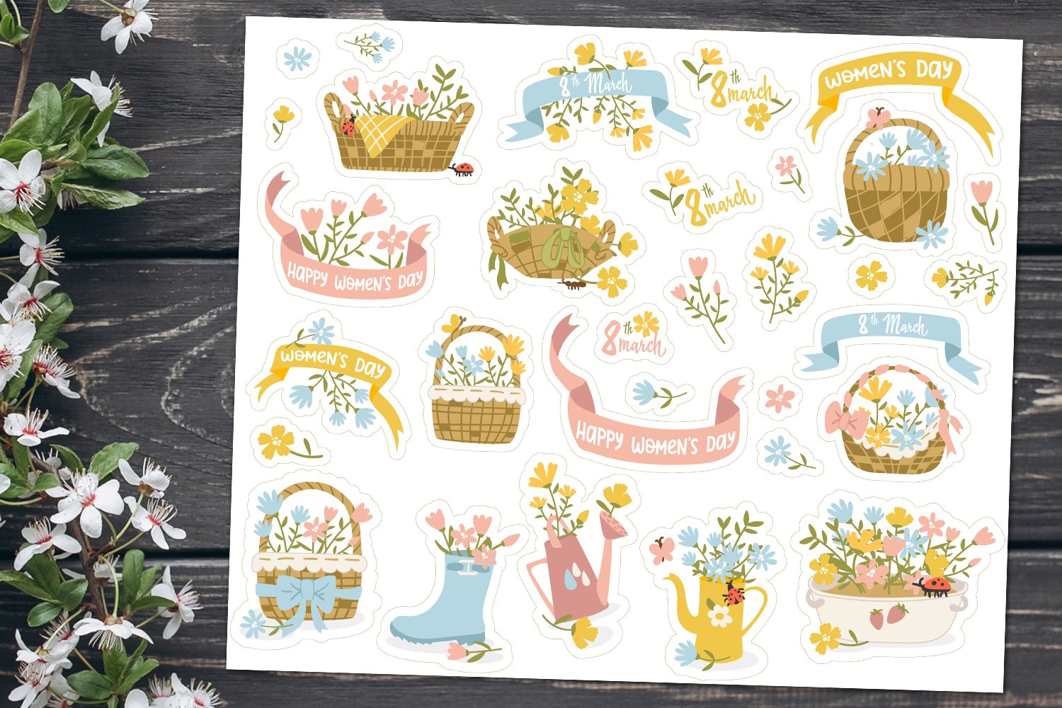 Set of stickers spring bouquets for March 8 in baskets, etc. 2