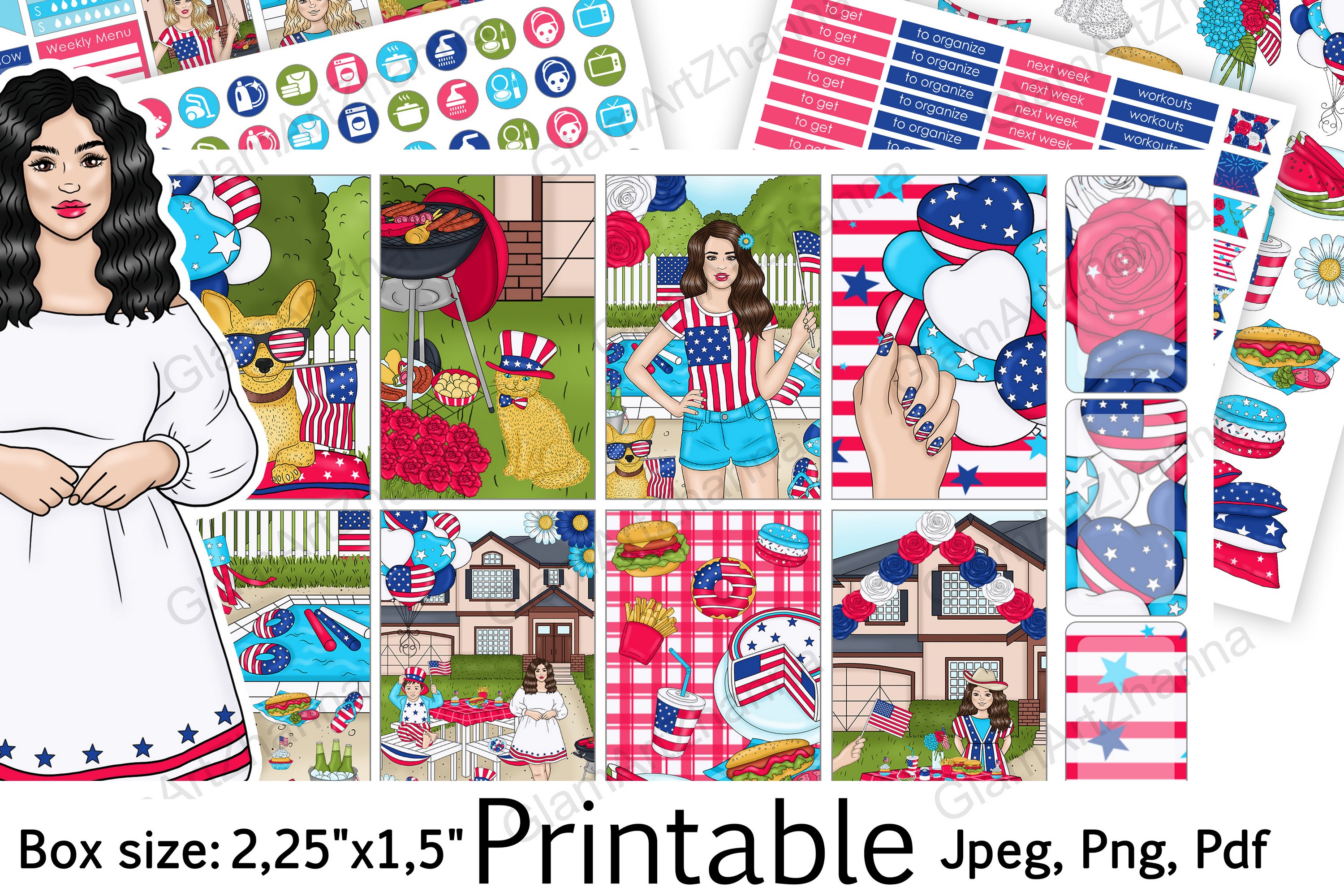 4th of July Digital Printable Stickers Box Size 2,25"x1,5"