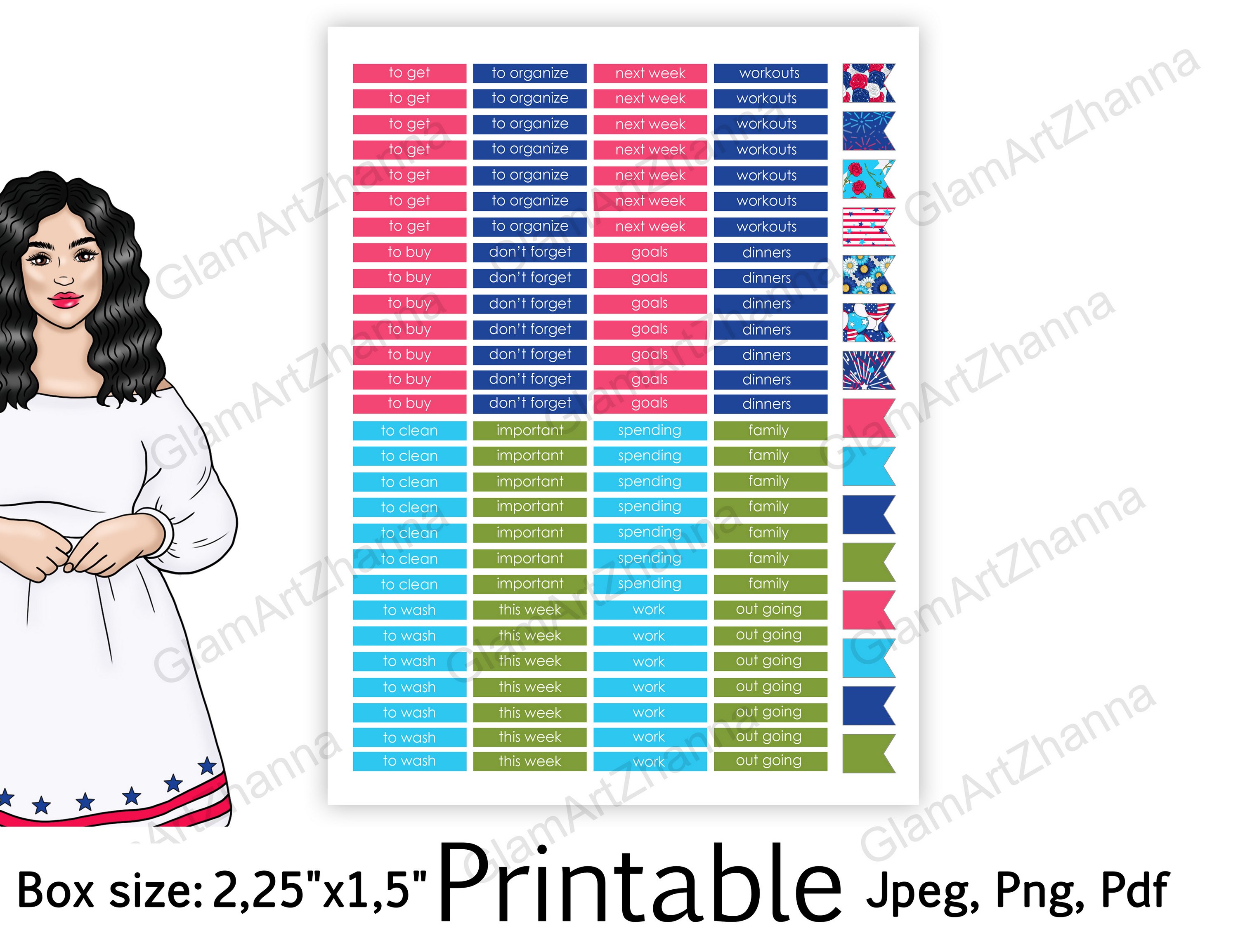 4th of July Digital Printable Stickers Box Size 2,25"x1,5" 2