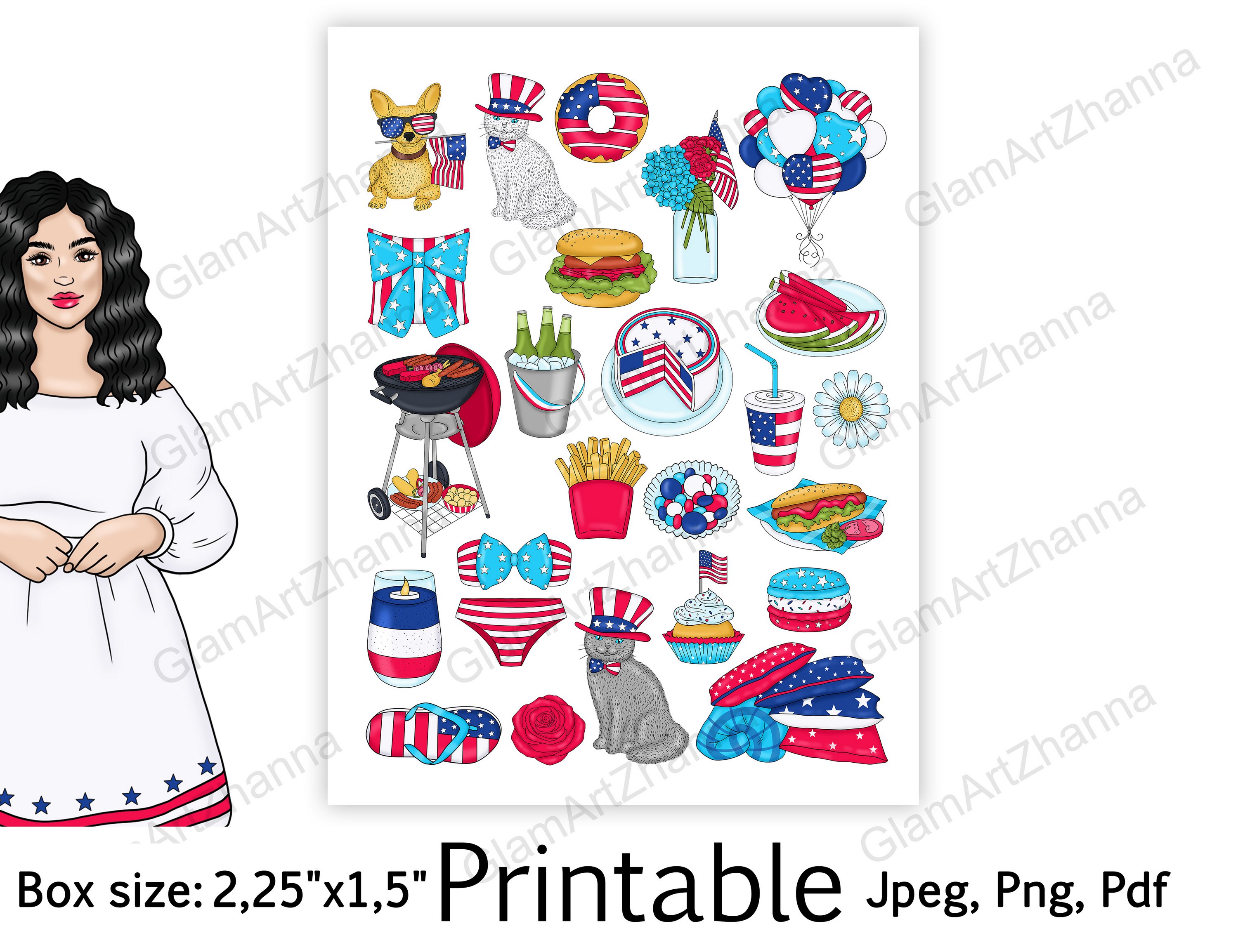 4th of July Digital Printable Stickers Box Size 2,25"x1,5" 3