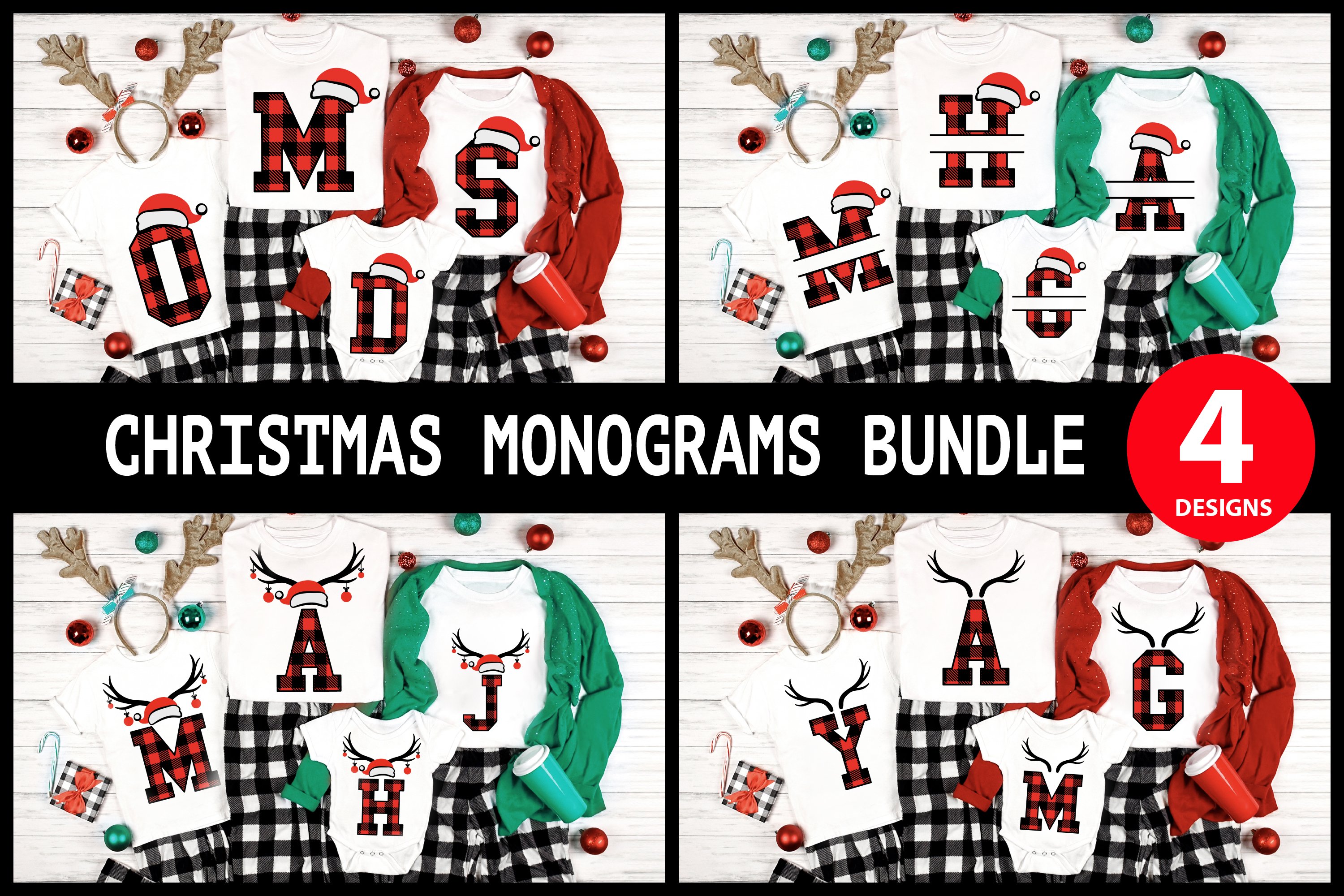 4 Christmas hat split monograms SVG bundle,Buffalo Plaid SVG