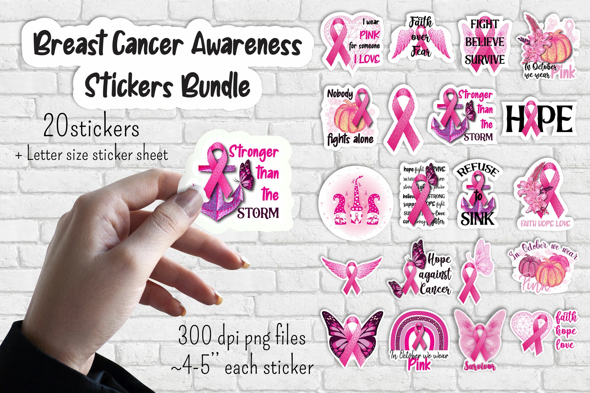 20 Breast cancer awareness stickers bundle. Pink ribbon.