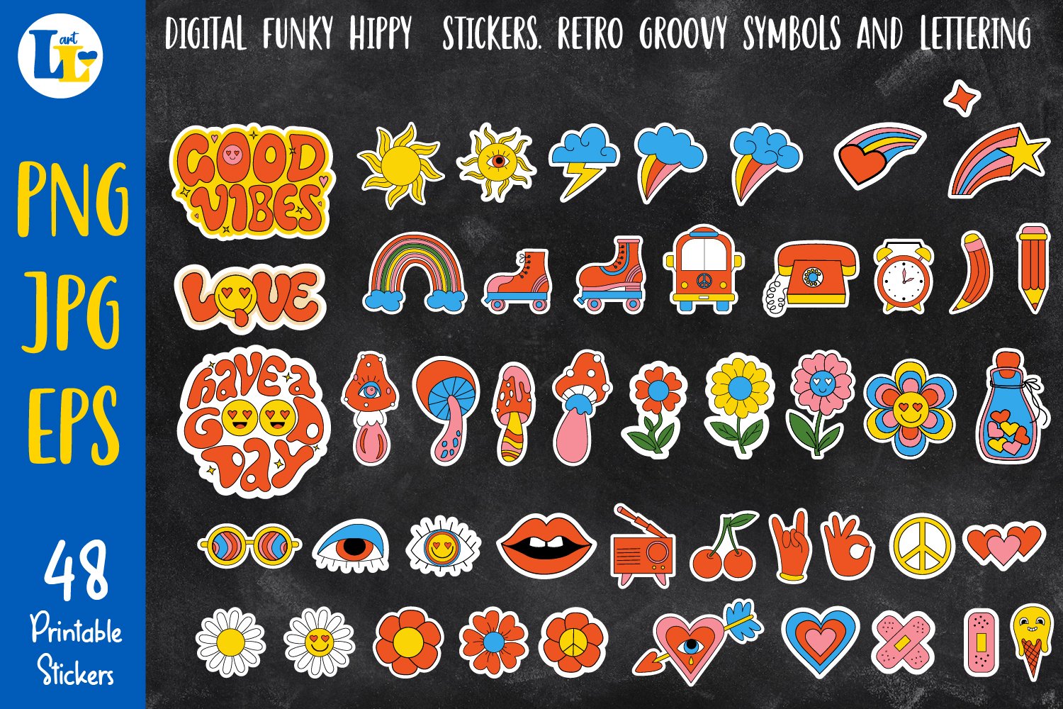 Retro Bundle funky hippy stickers|Printable digital sticker