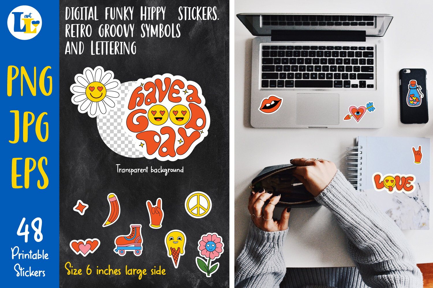Retro Bundle funky hippy stickers|Printable digital sticker 2