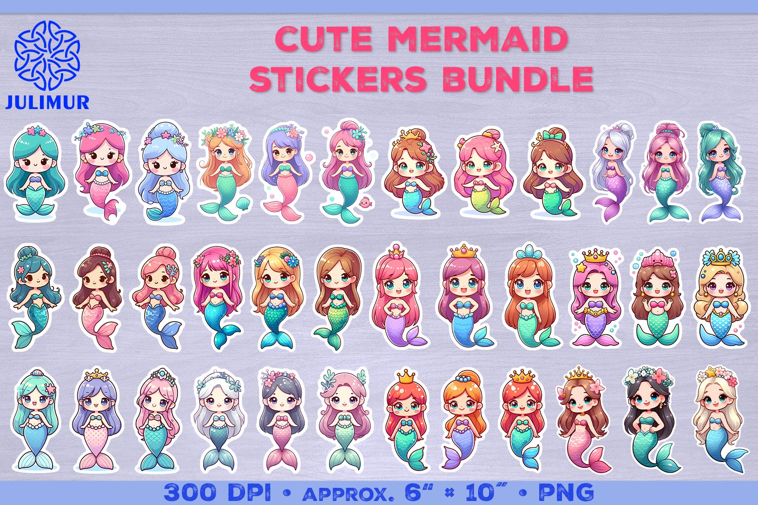 Magical Mermaid Stickers Bundle PNG. Adorable Mermaid PNG