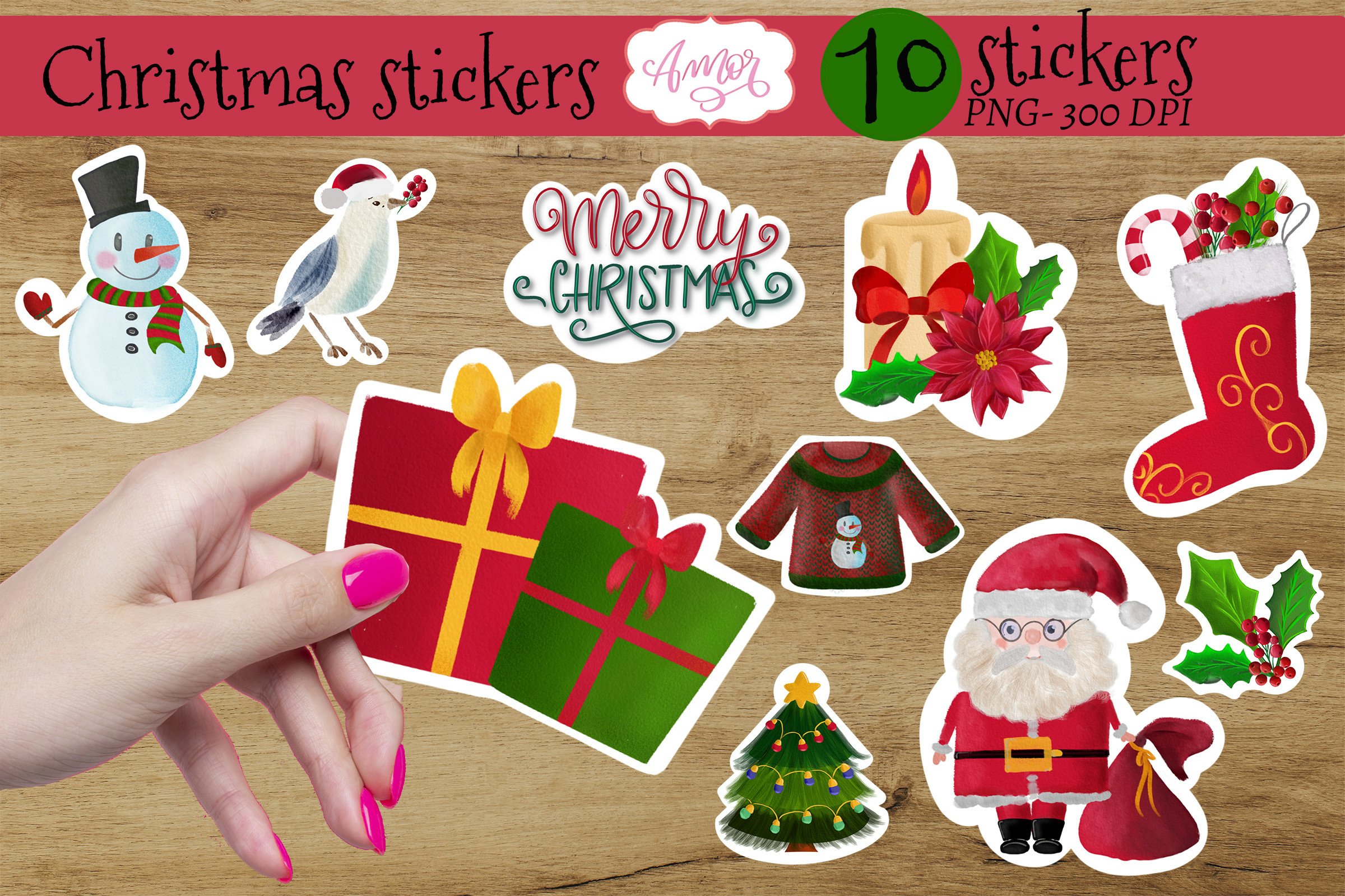 Christmas stickers for print then cut on Cricut, 10 designs