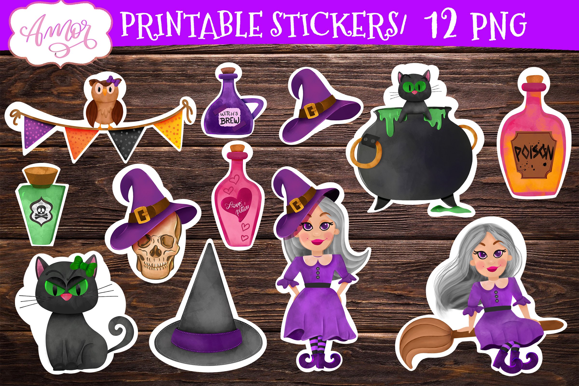 Cute witch stickers for print cut |Halloween PNG stickers