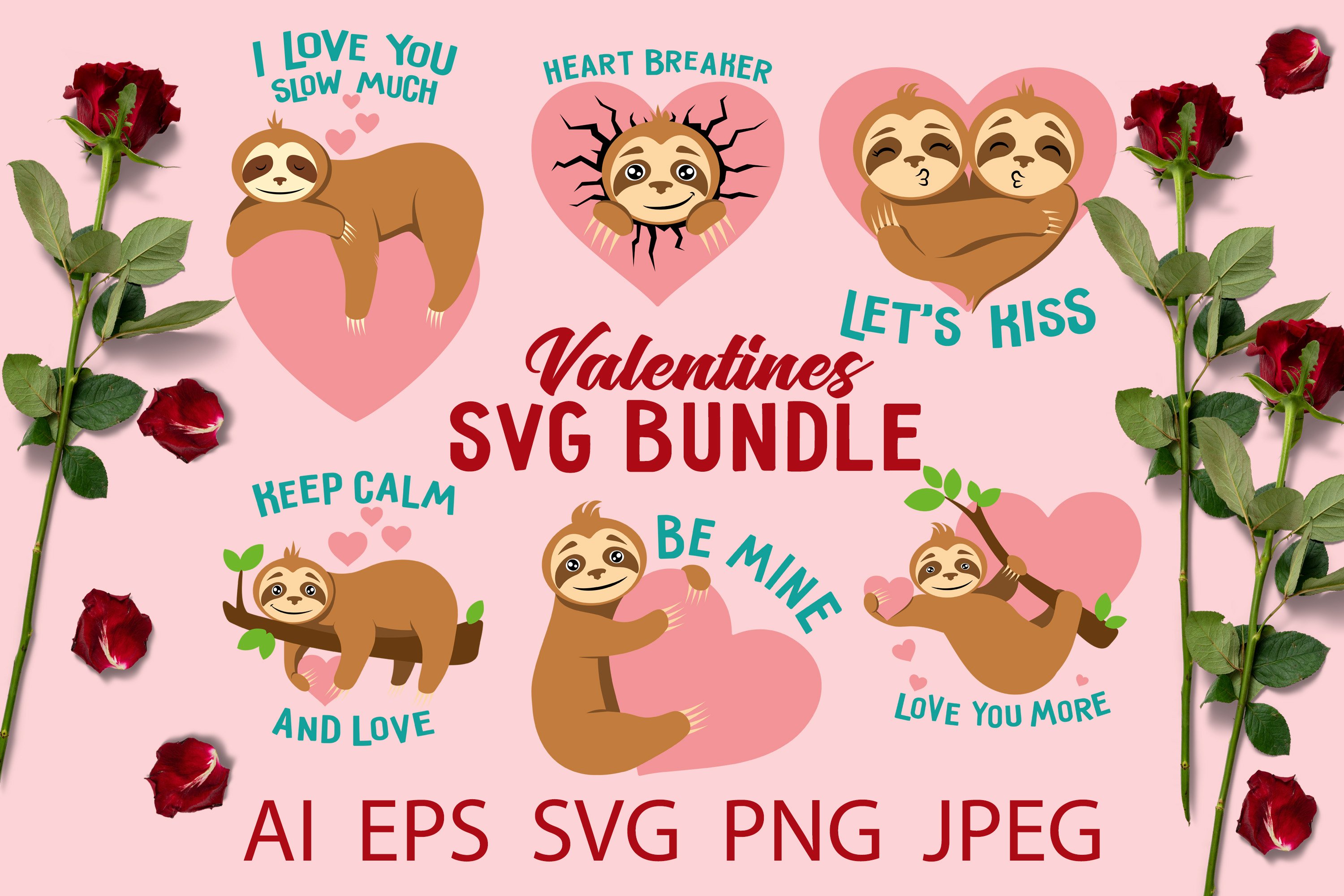 Valentines Day Bundle SVG cut file. sloth love illustration