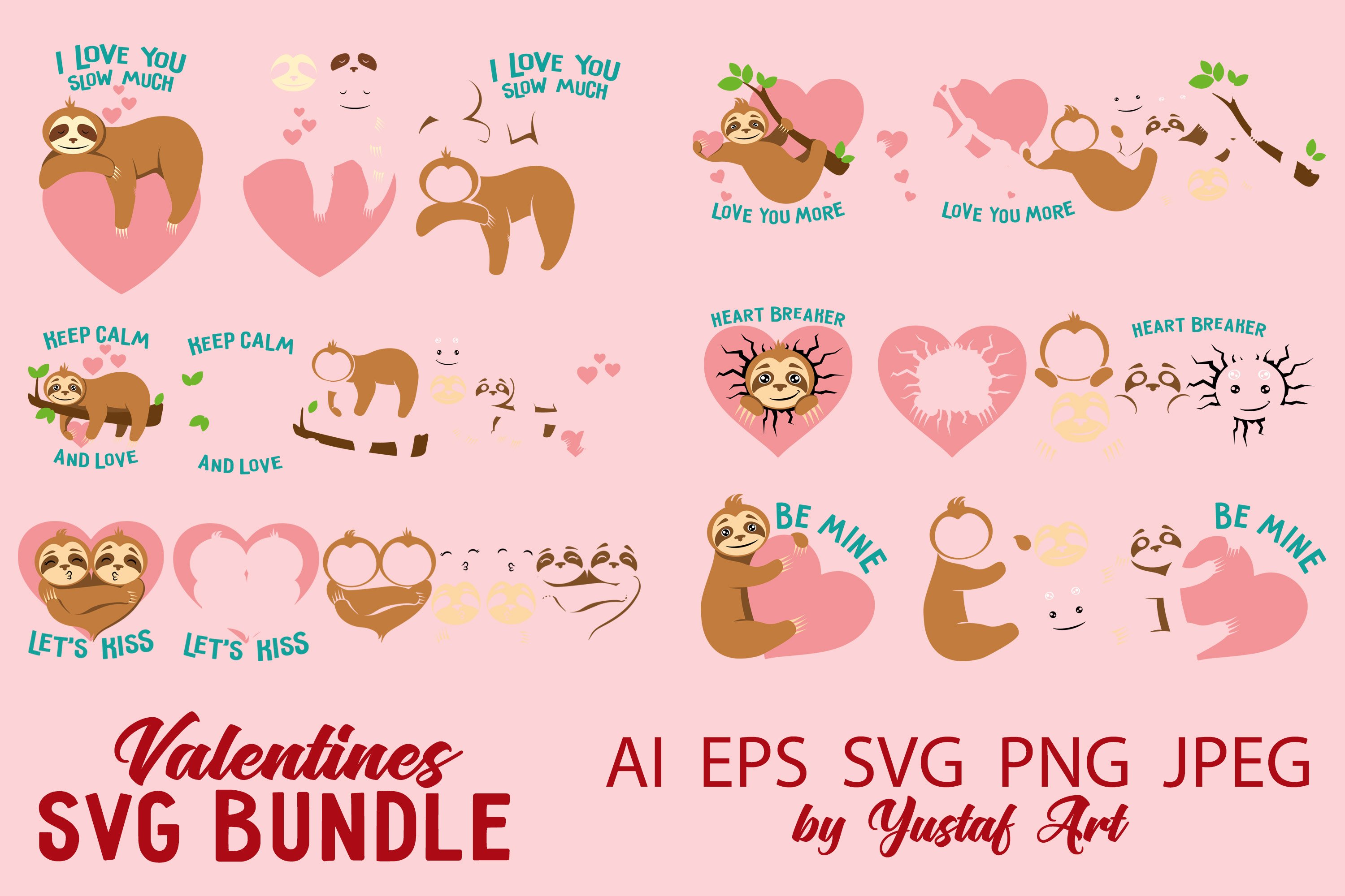 Valentines Day Bundle SVG cut file. sloth love illustration 2