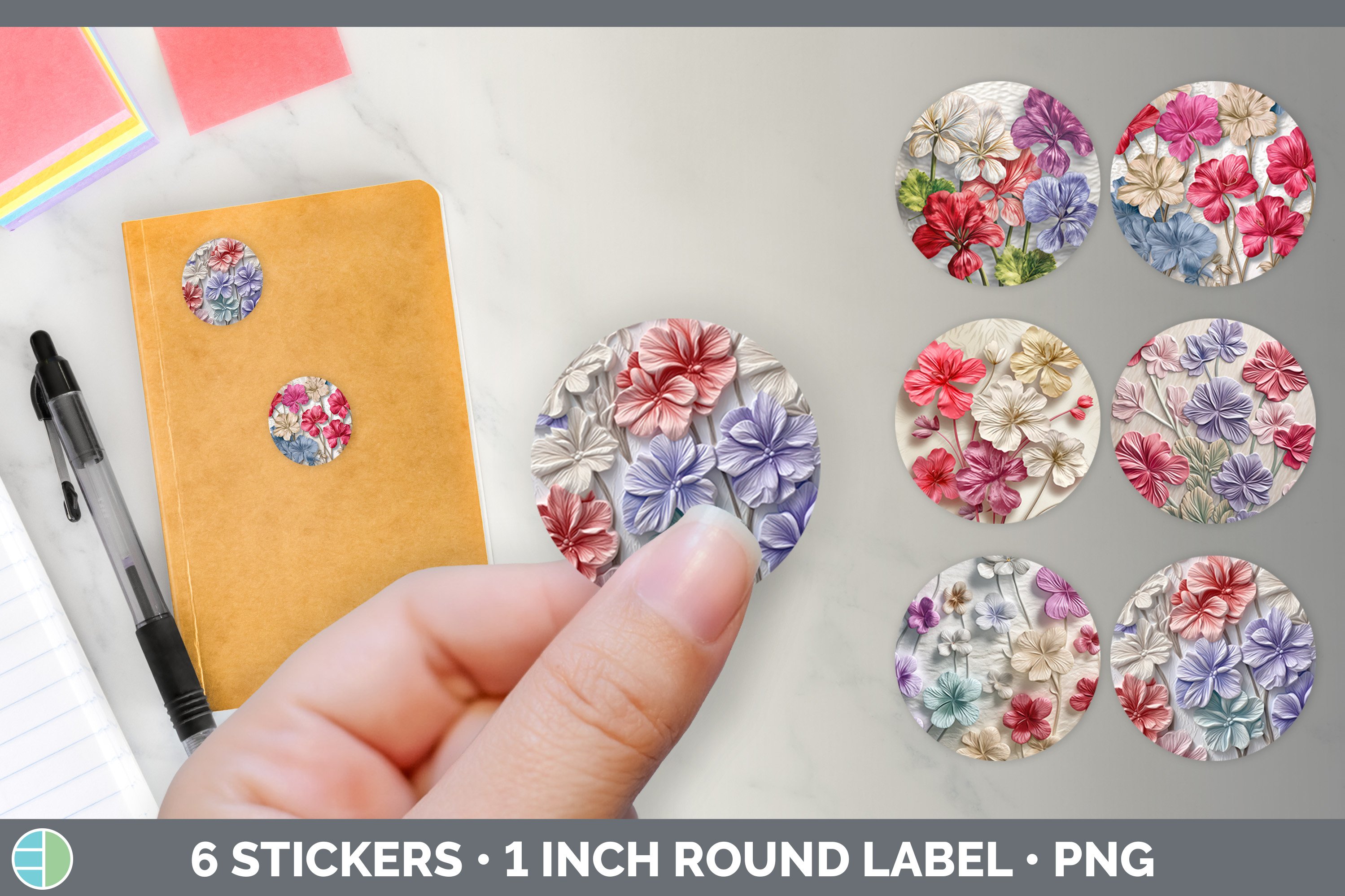 3D Geranium Flowers Stickers | Round Labels Designs Bundle
