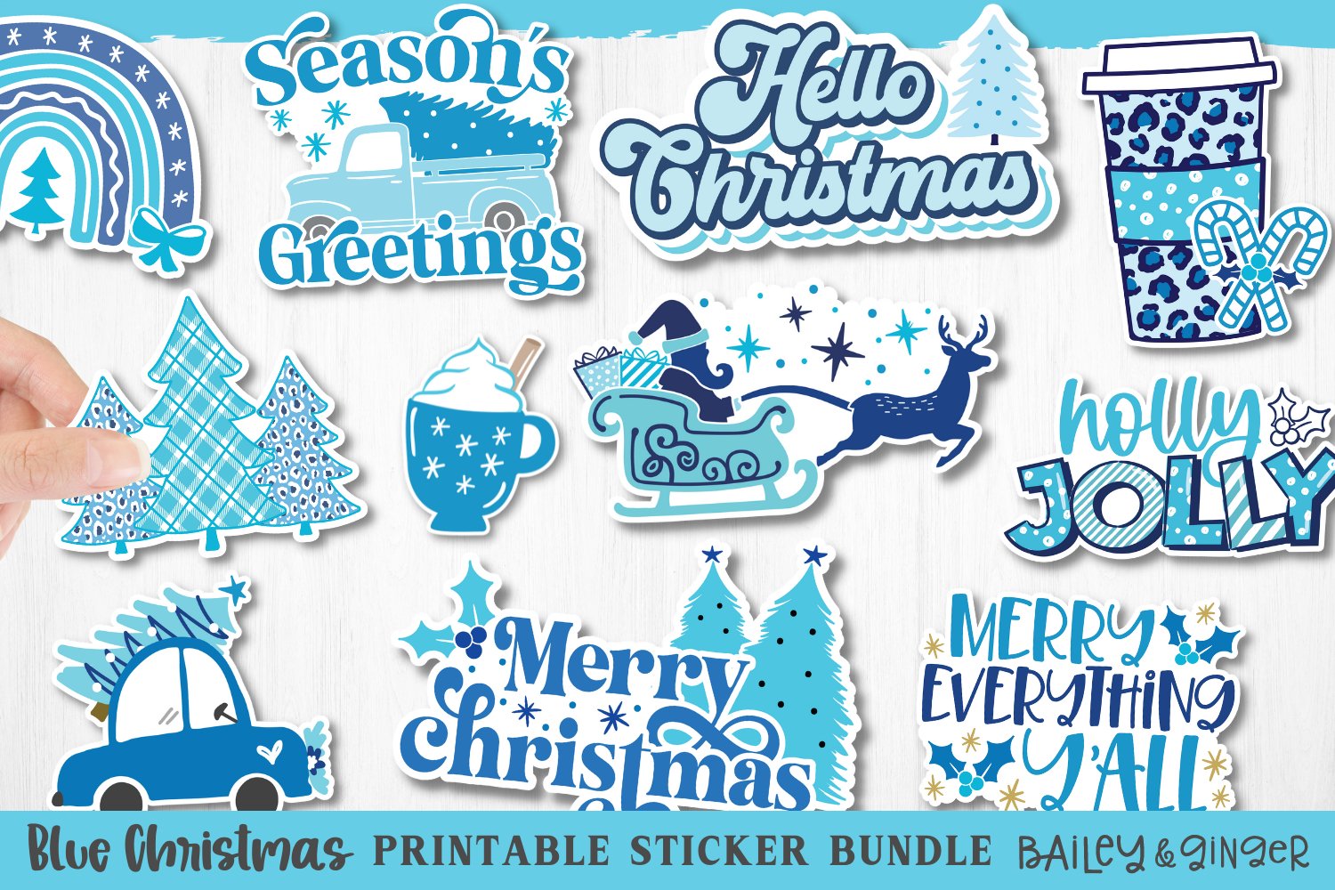 Blue Christmas Sticker Bundle - PNG Printable Stickers