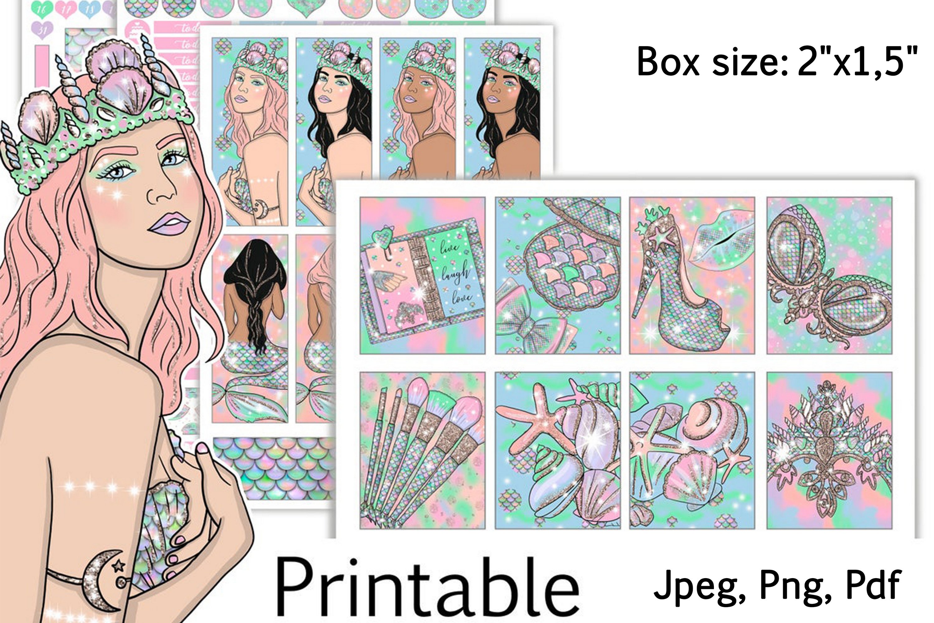 Mermaid Wishes Printable Stickers Box Size 2"x1,5"