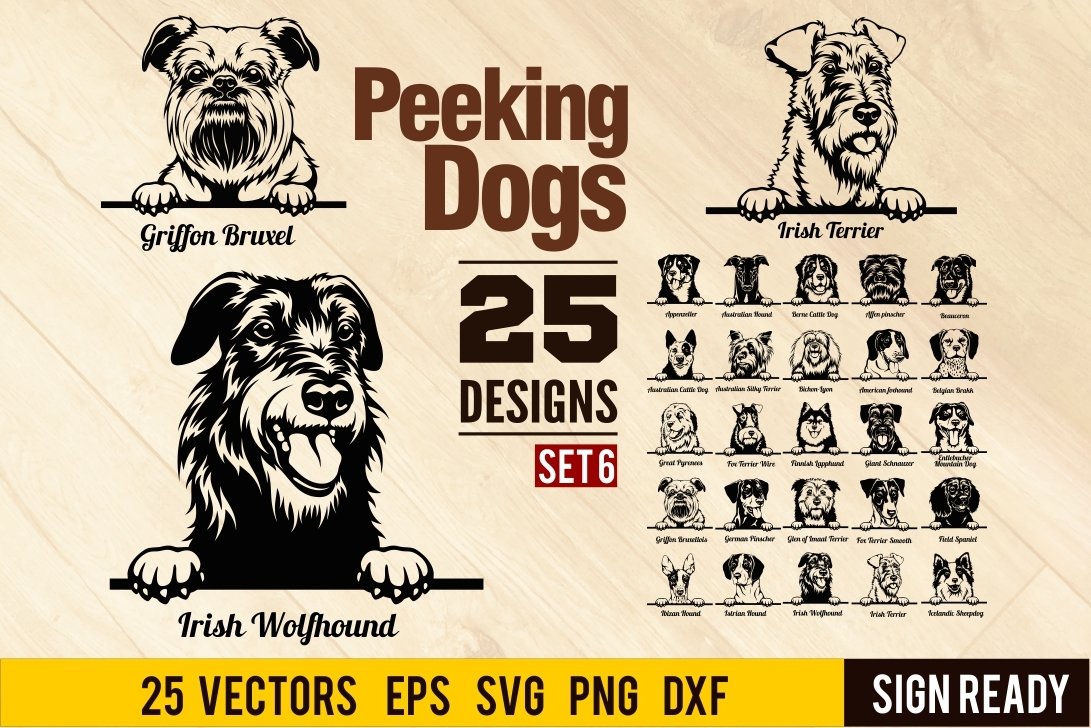 Peeking Dogs Set 6, Bundle Breed, Head Face, Cut vector