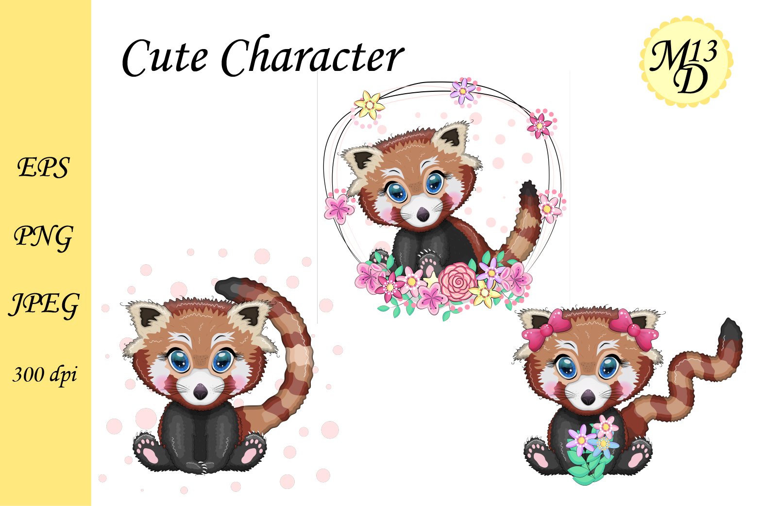 3 Cute Red panda. Christmas, Easter, summer holidays
