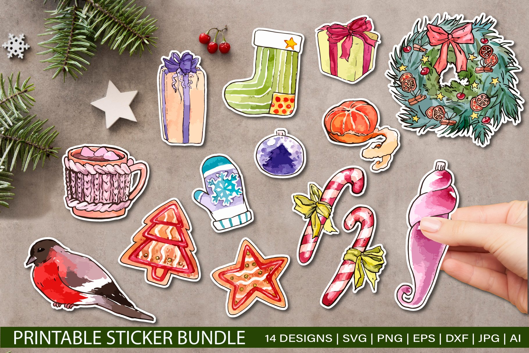 Christmas Watercolor Stickers Bundle