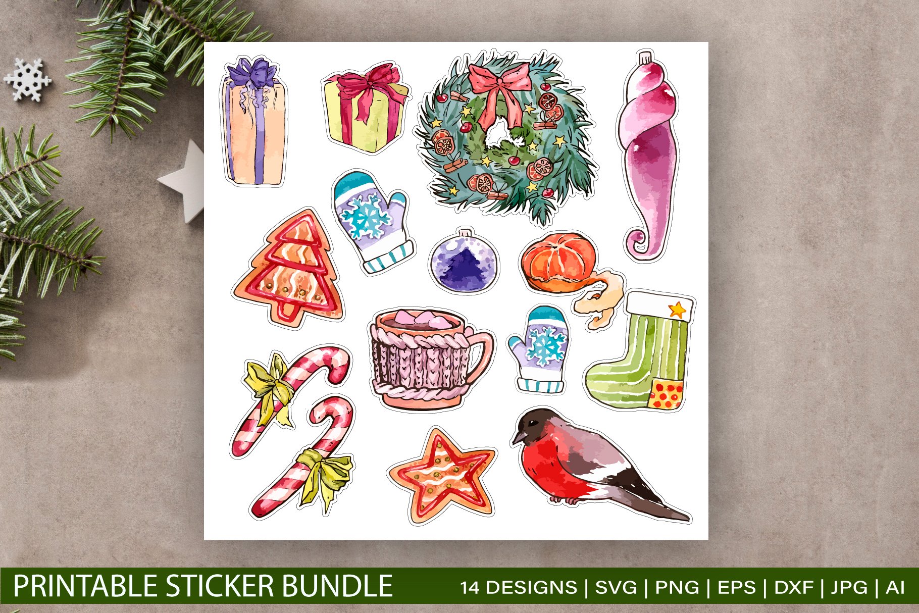 Christmas Watercolor Stickers Bundle 3