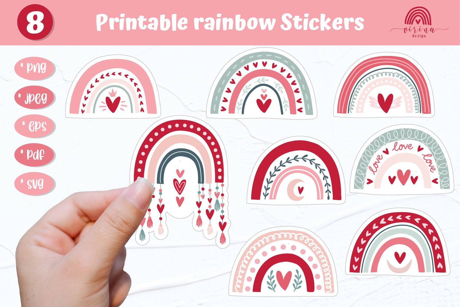 Rainbow Sticker printable bundle png. 8 PNG designs