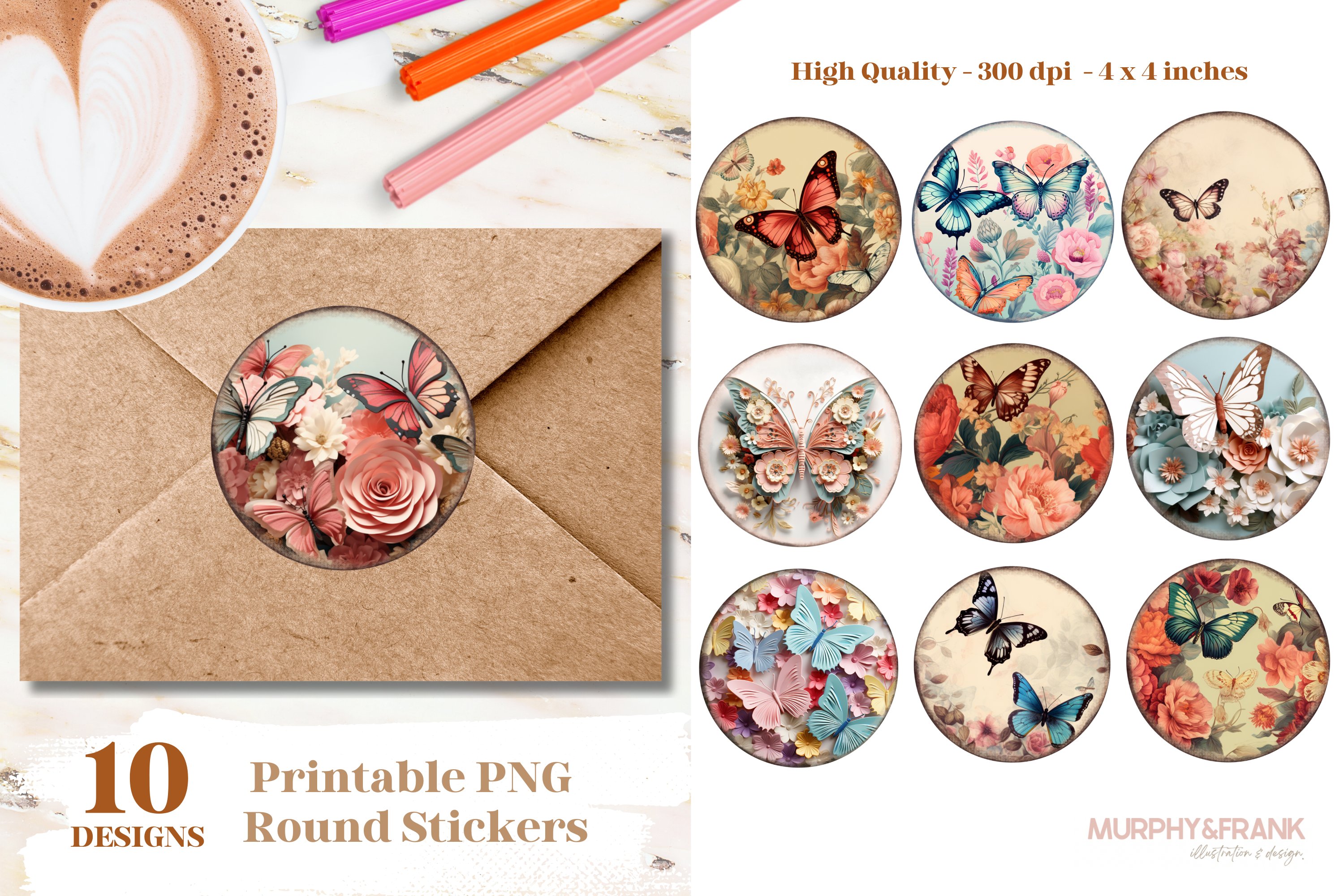 Butterfly Round Sticker Png Bundle | Butterfly Stickers Set