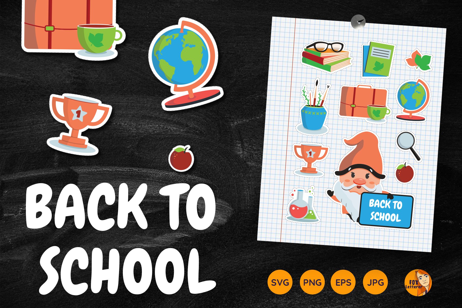 Cartoon Gnome and School stickers. Printable stickers svg