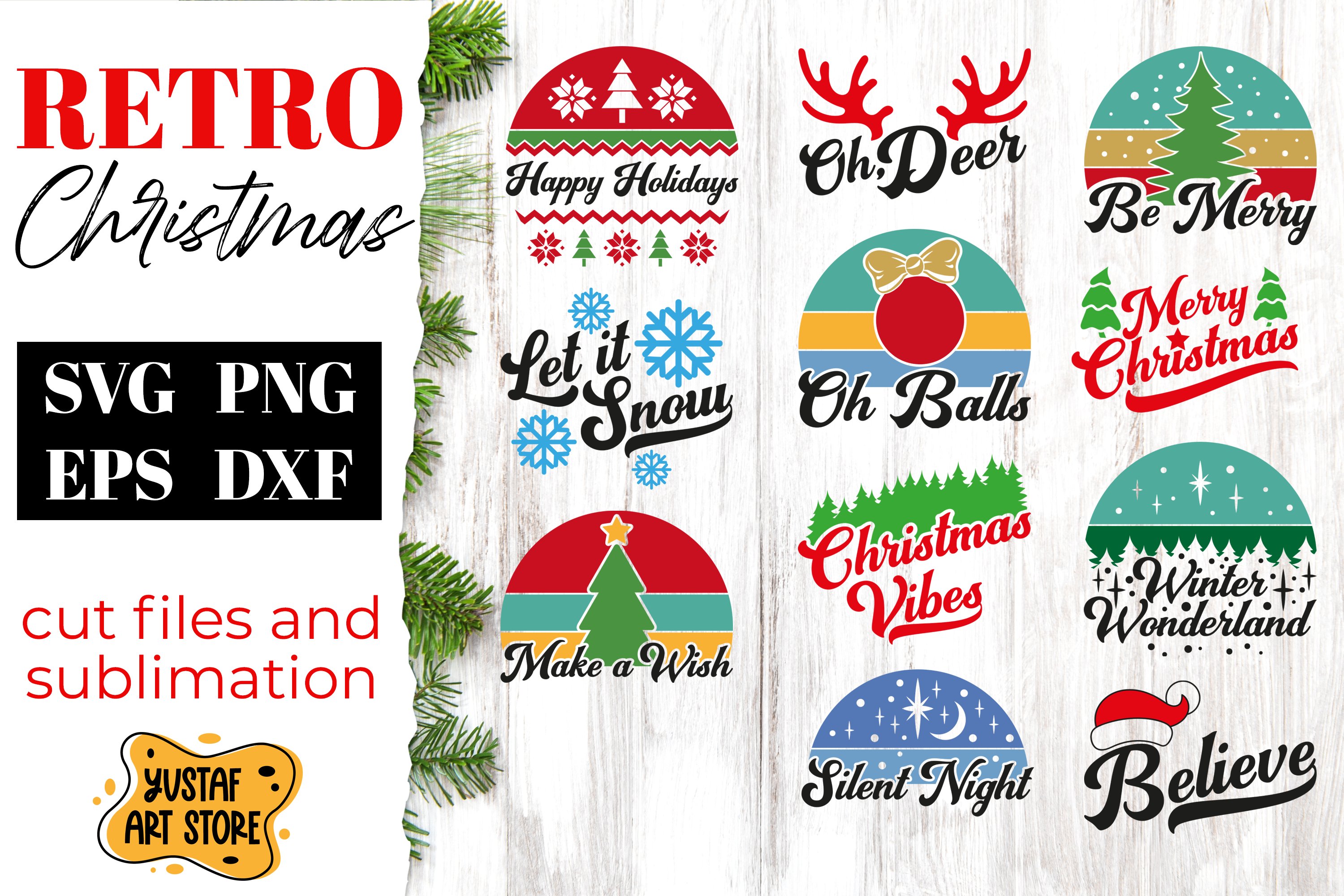 Retro Christmas bundle. Cut files and sublimation 11 design