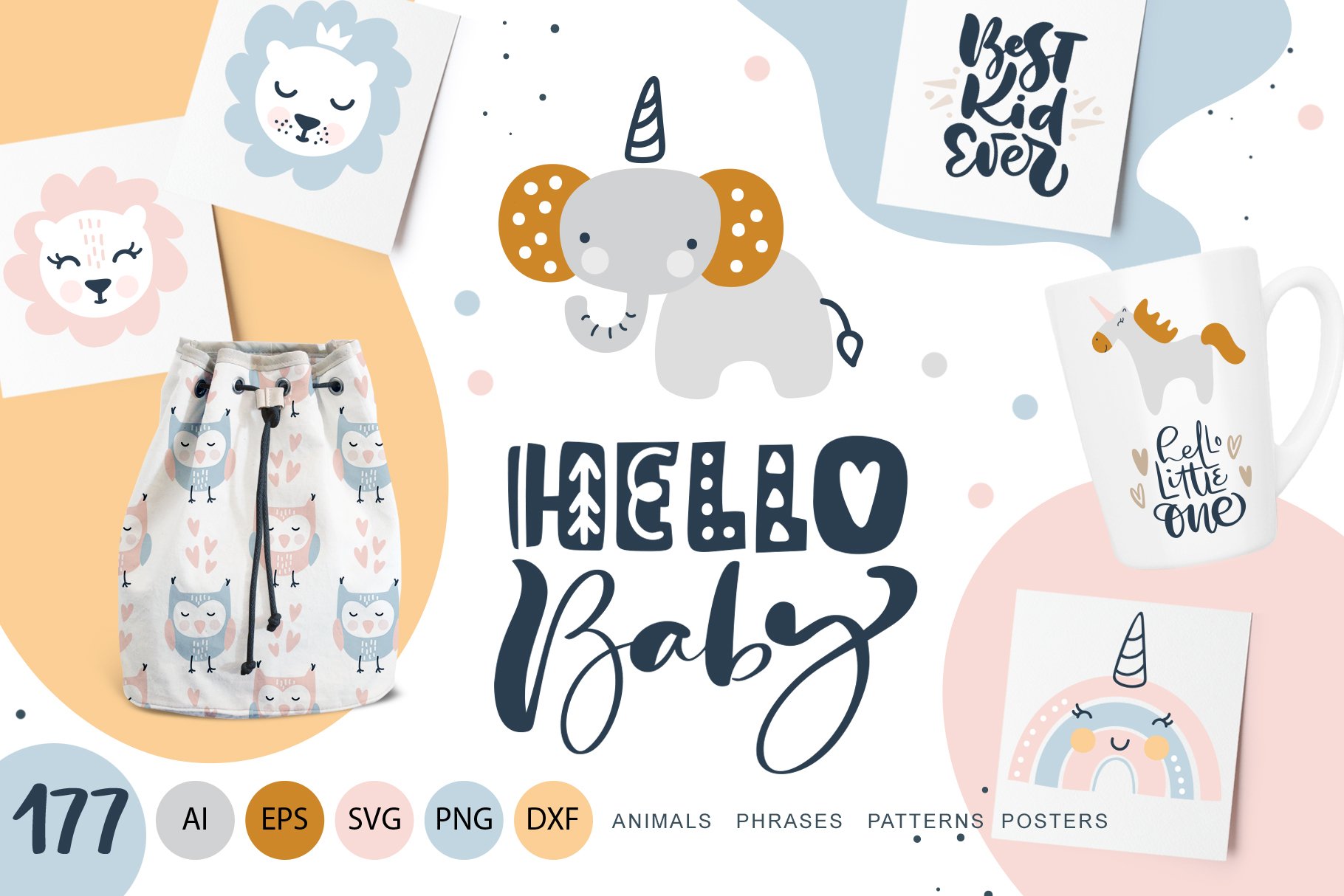 Hello Baby animals calligraphy