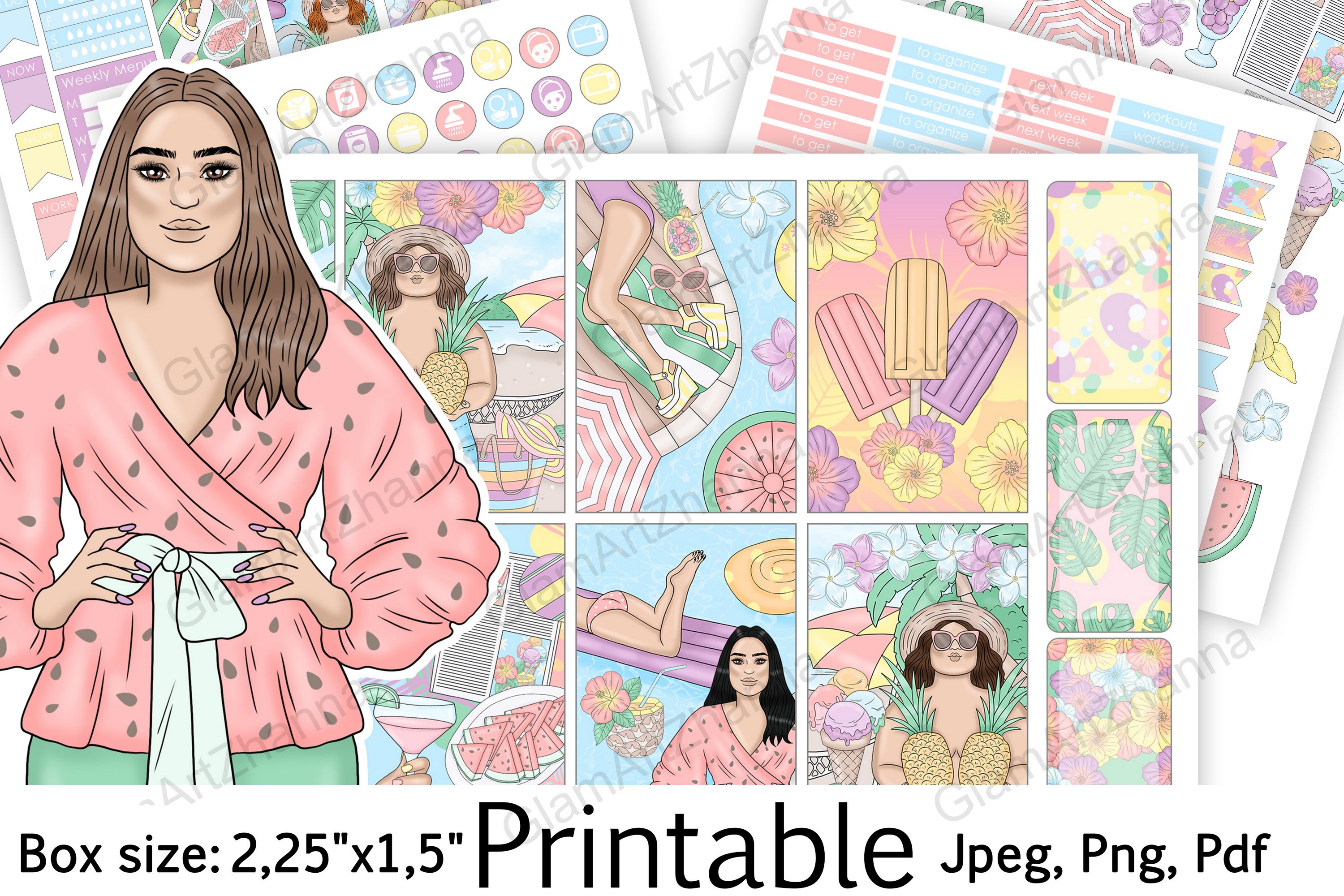 Pastel Summer Printable Stickers Box Size 2,25"x1,5"