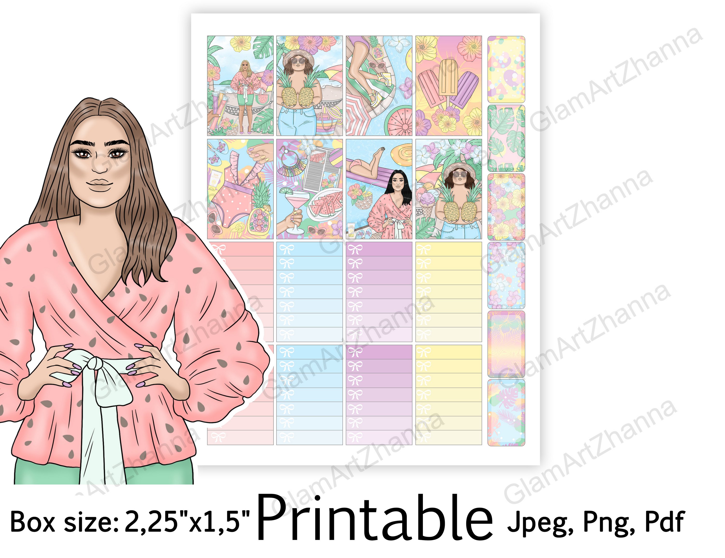 Pastel Summer Printable Stickers Box Size 2,25"x1,5" 2