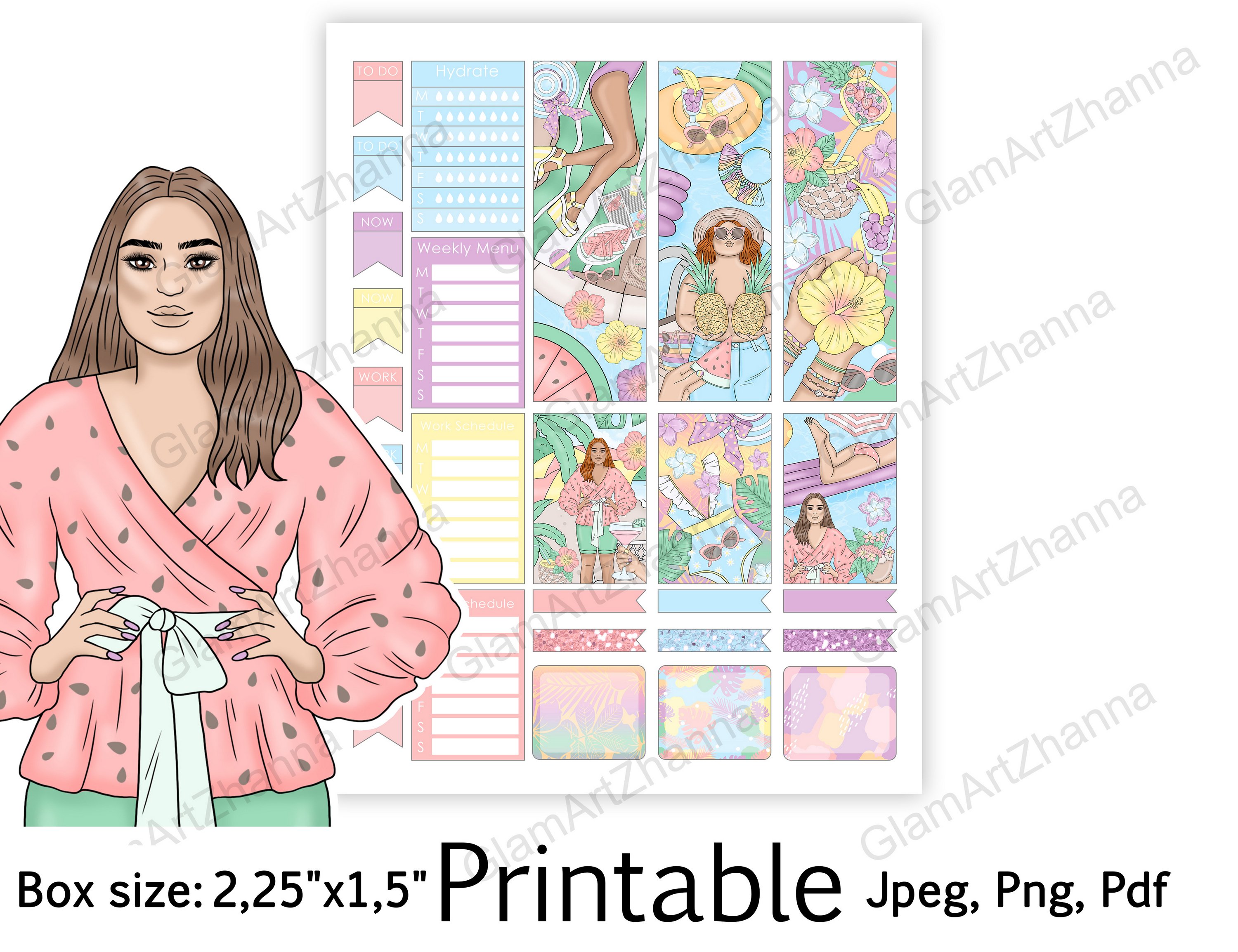 Pastel Summer Printable Stickers Box Size 2,25"x1,5" 3