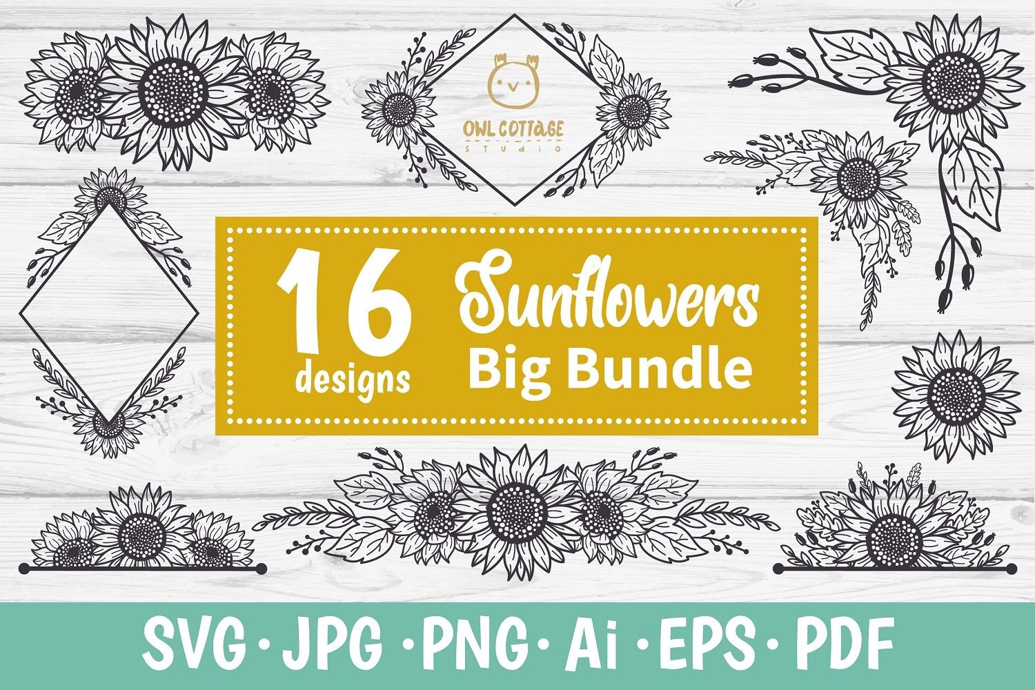 SUNFLOWERS BIG BUNDLE SVG, Floral borders and monograms