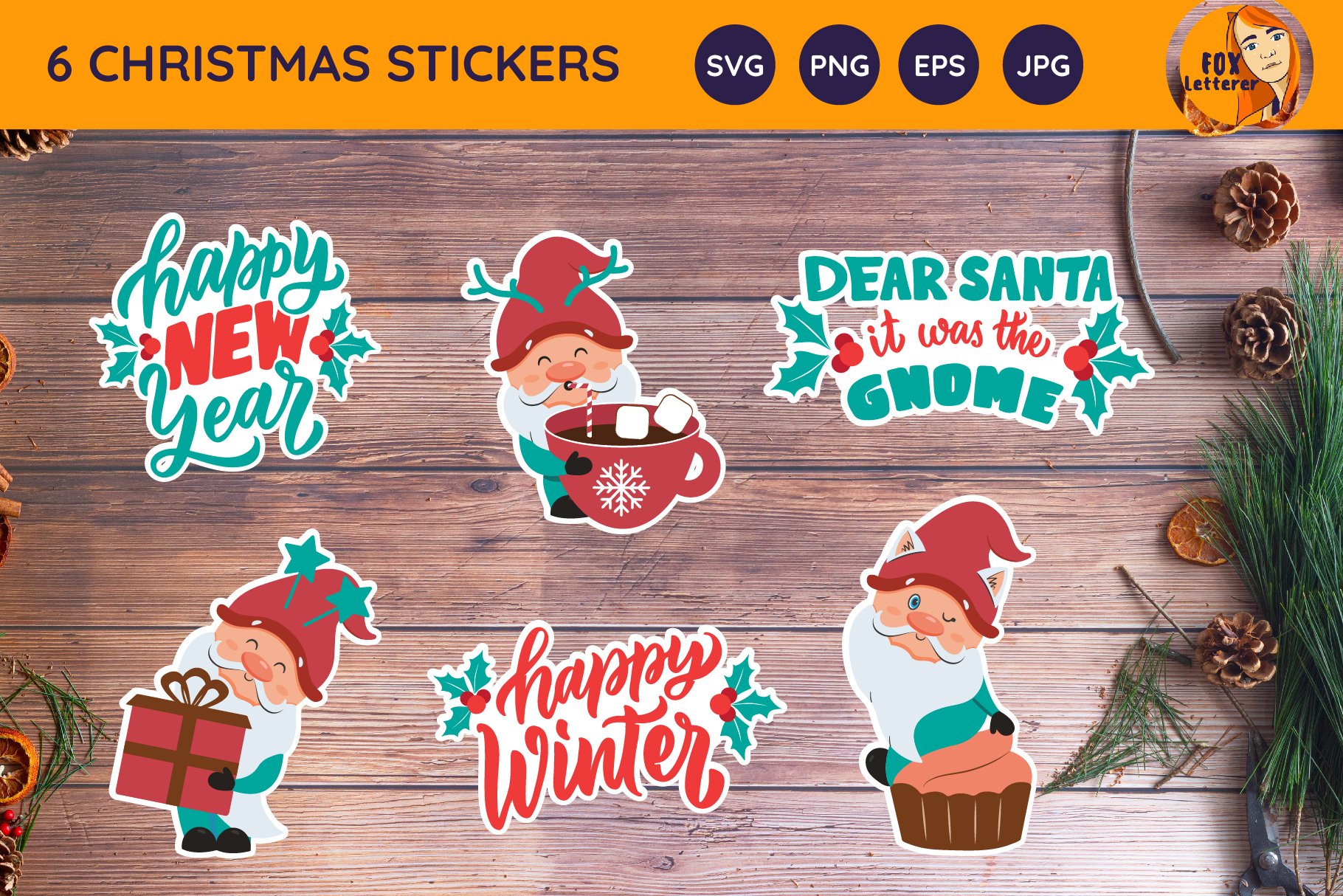 Cartoon Gnome, quotes for Christmas. Printable stickers svg