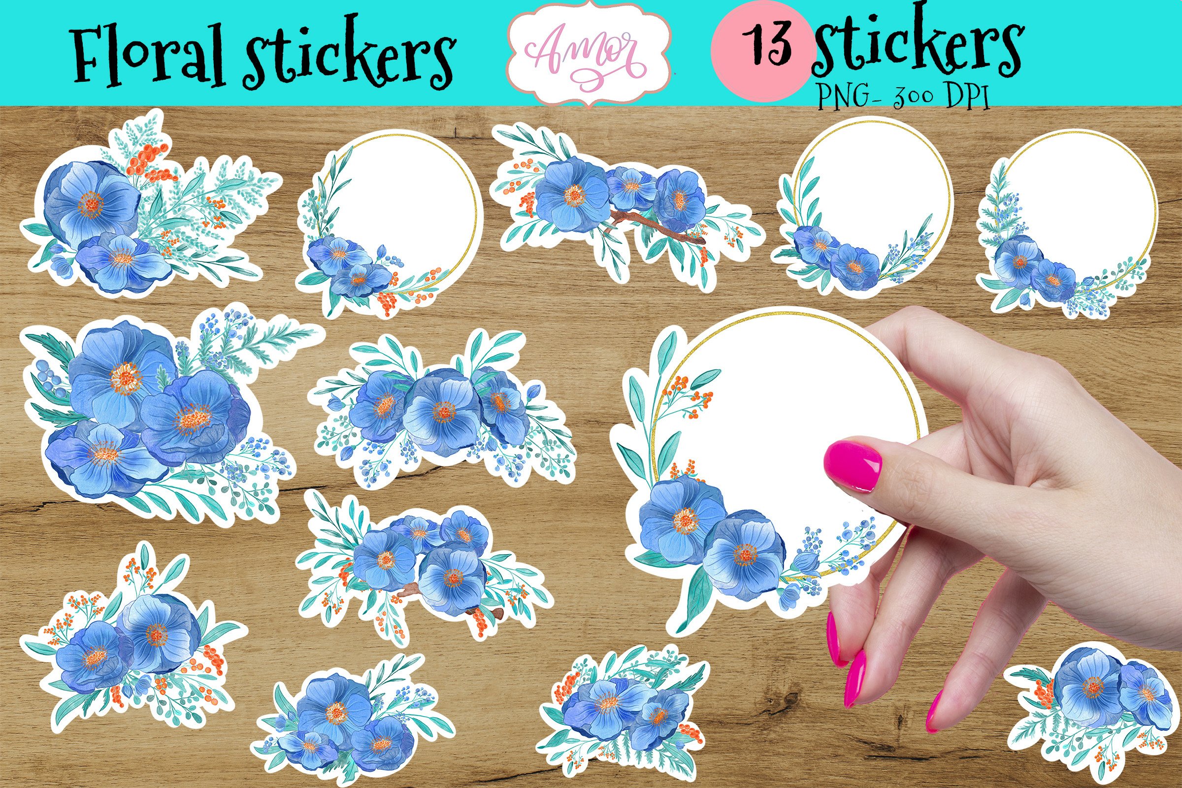 Watercolor floral printable stickers for print then cut